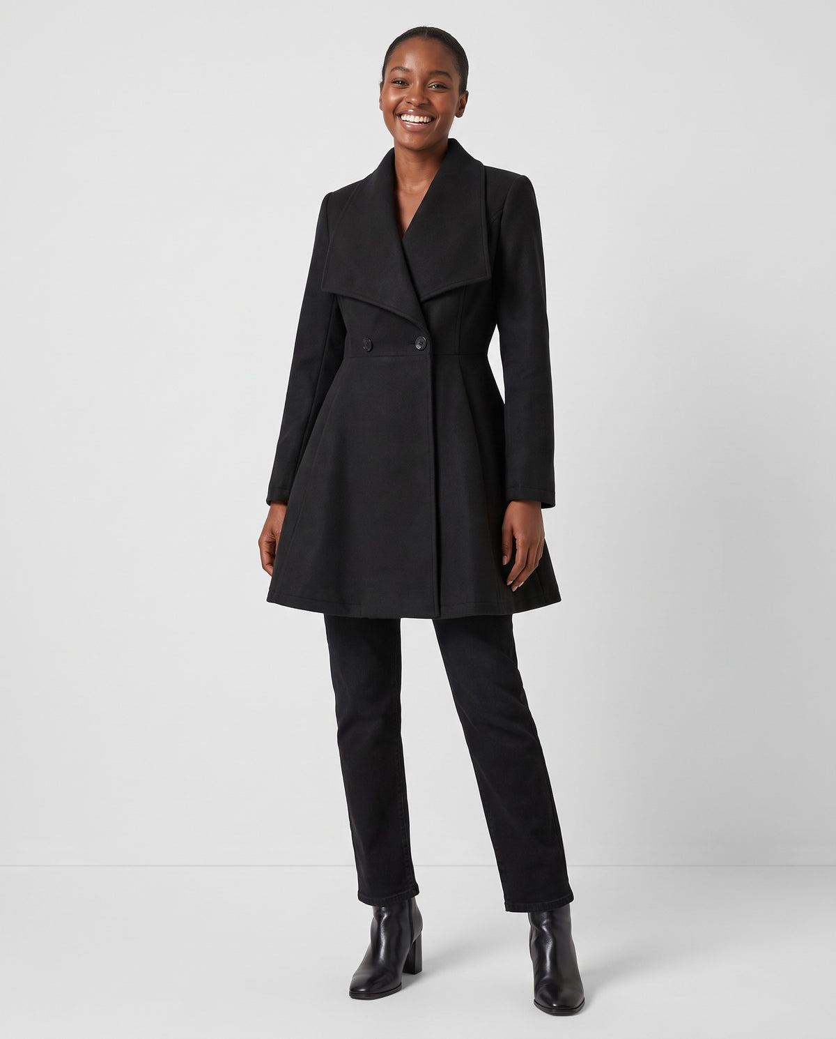 Odile | Women's Fitted Winter Wool Coat with Draped Lapel and Flared Hem in Black