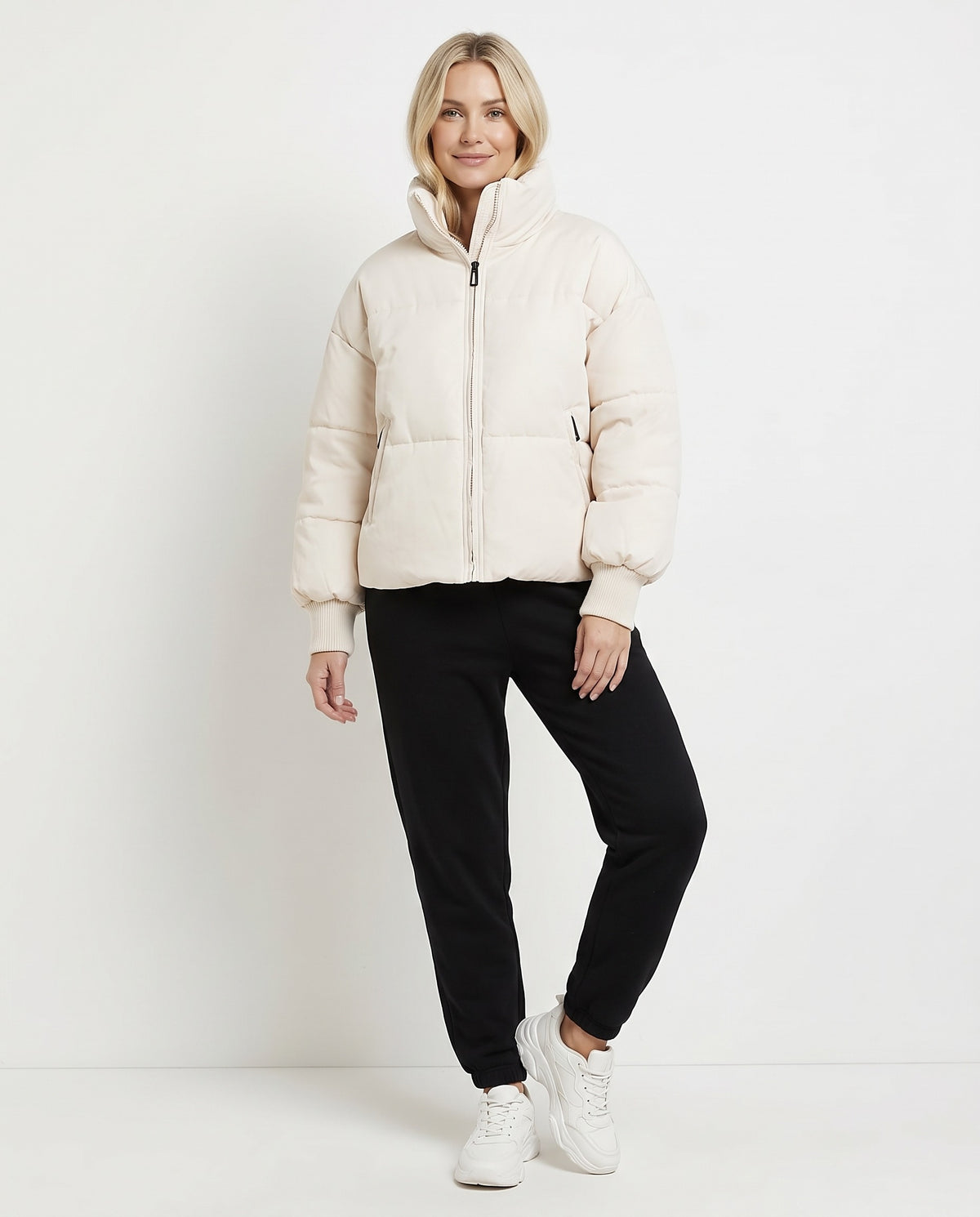 Hazel | Women's Cropped Winter Puffer Jacket with High Collar and Cuffs in White