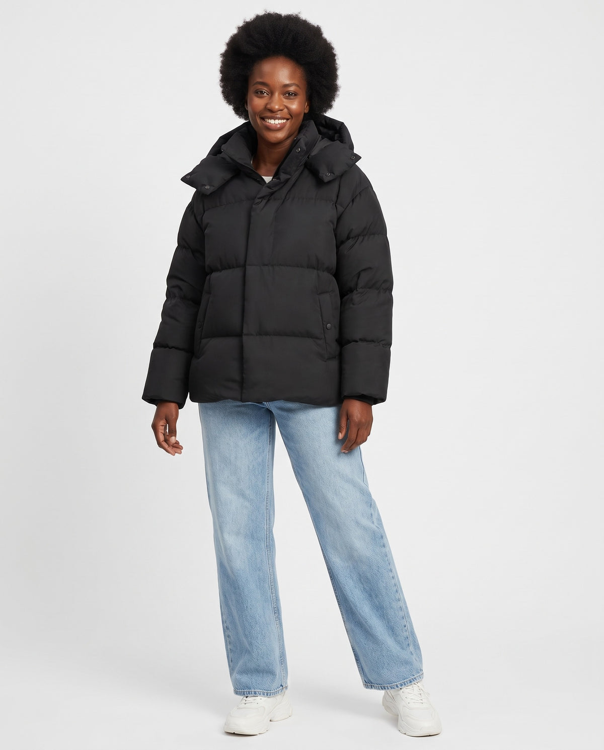 Posy | Women's Winter Puffer Jacket with Padded Hood and Snap Front in Black
