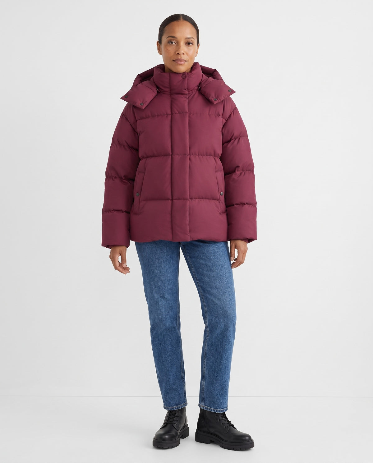 Posy | Women's Winter Puffer Jacket with Padded Hood and Snap Front in Wine Red