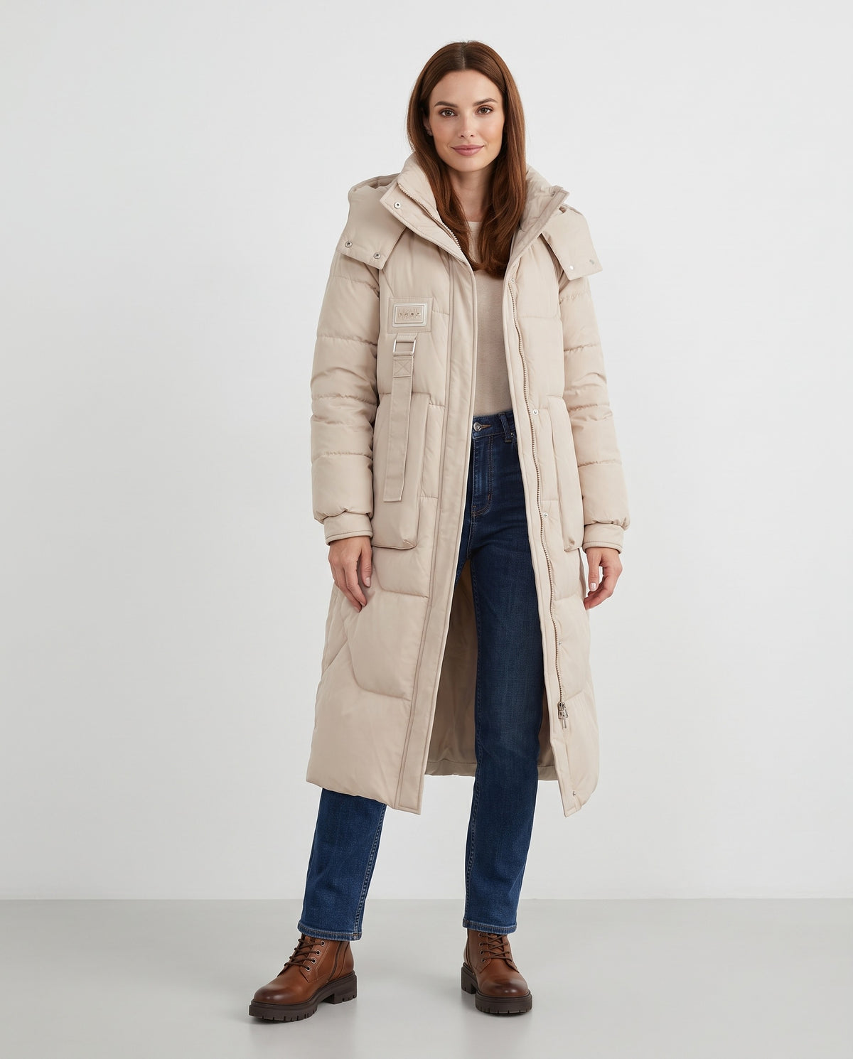 Susannah | Women's Long Puffer Coat with Hood and Deep Pockets for Winter in Beige