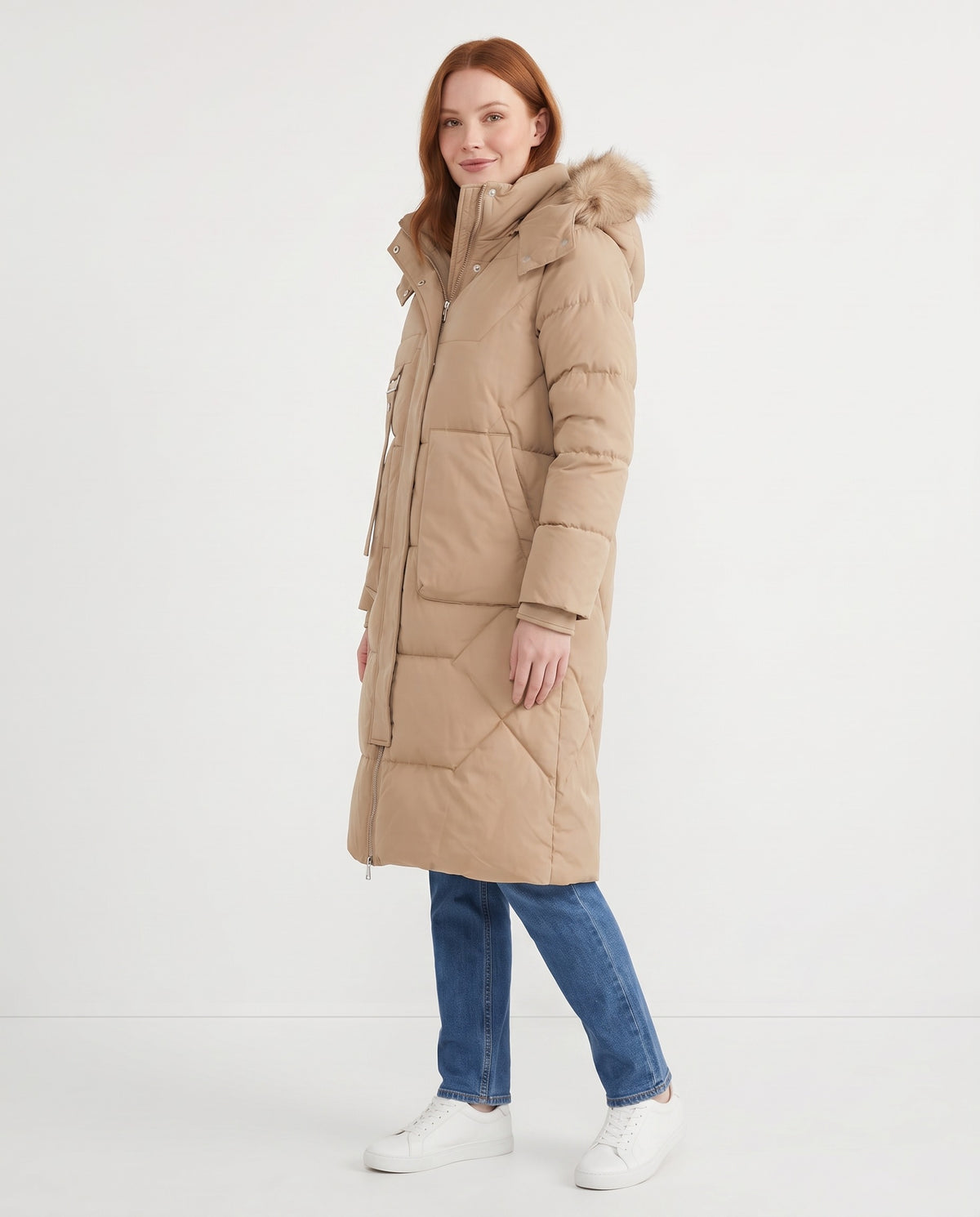Susannah | Women's Long Puffer Coat with Hood and Deep Pockets for Winter in Khaki side view