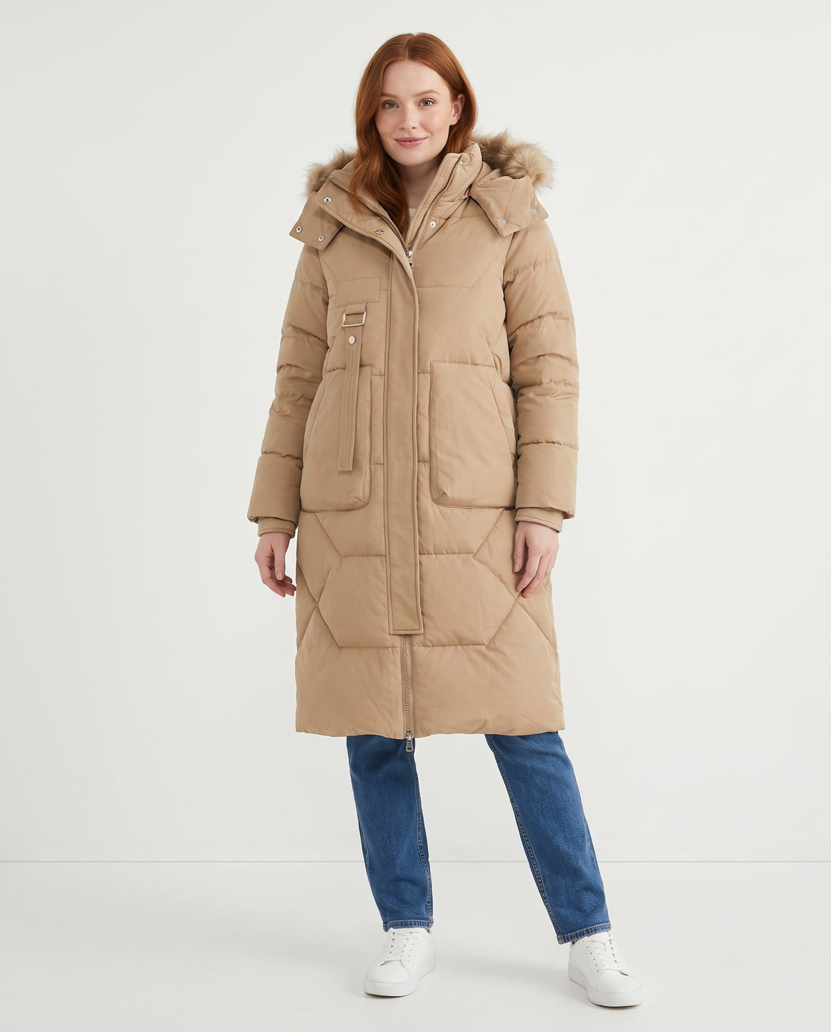 Susannah | Women's Long Puffer Coat with Hood and Deep Pockets for Winter in Khaki