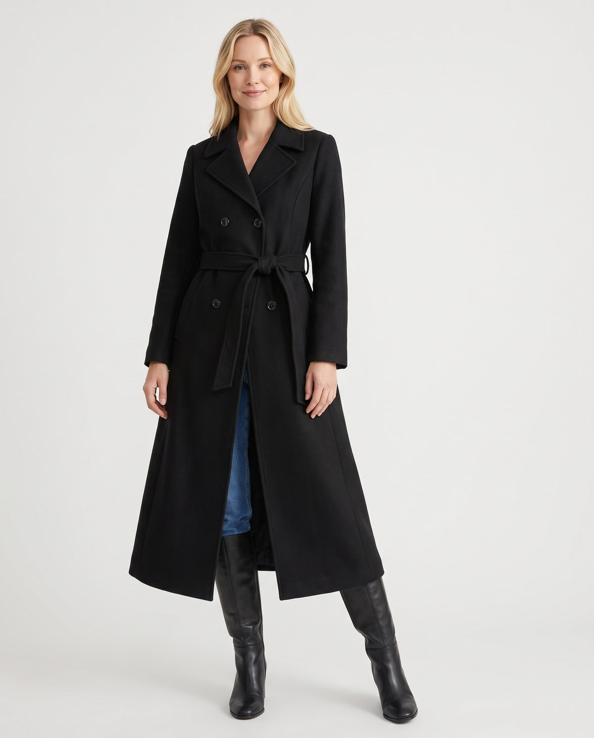 Goldie | Women's Long Winter Wool Coat with Fitted Waist and Flared Hem in Black
