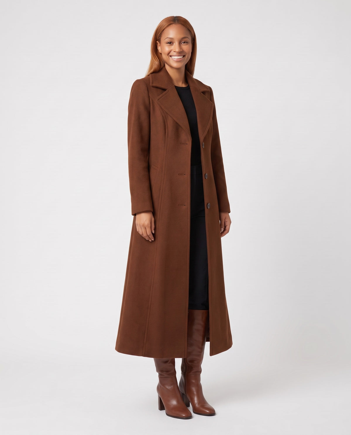 Goldie | Women's Long Winter Wool Coat with Fitted Waist and Flared Hem in Brown side view
