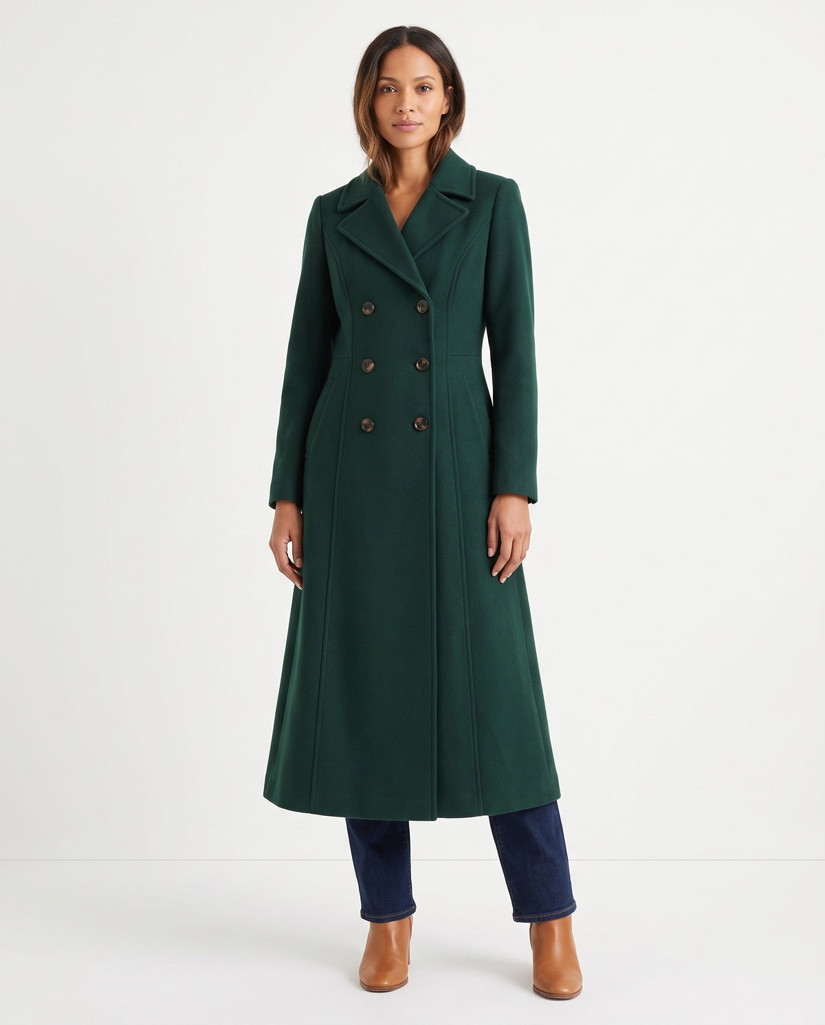 Goldie | Women's Long Winter Wool Coat with Fitted Waist and Flared Hem in Green