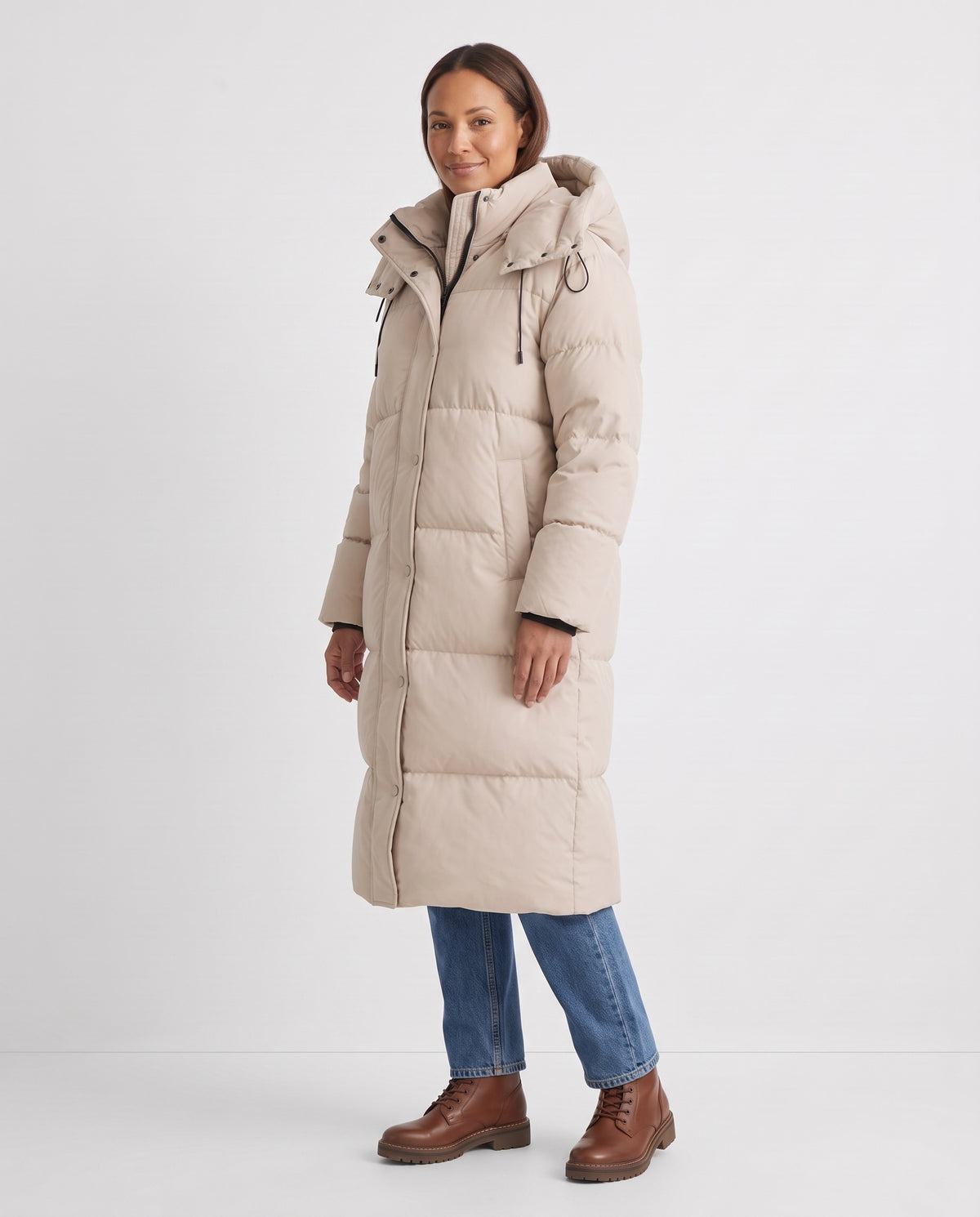 Vera | Women's Long Puffer Coat with Hood and Button Front for Winter in Beige side view