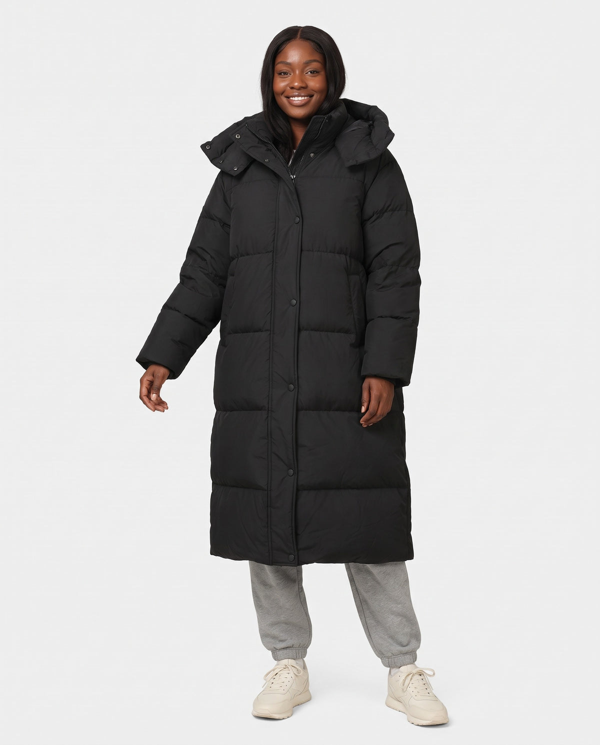 Vera | Women's Long Puffer Coat with Hood and Button Front for Winter in Black