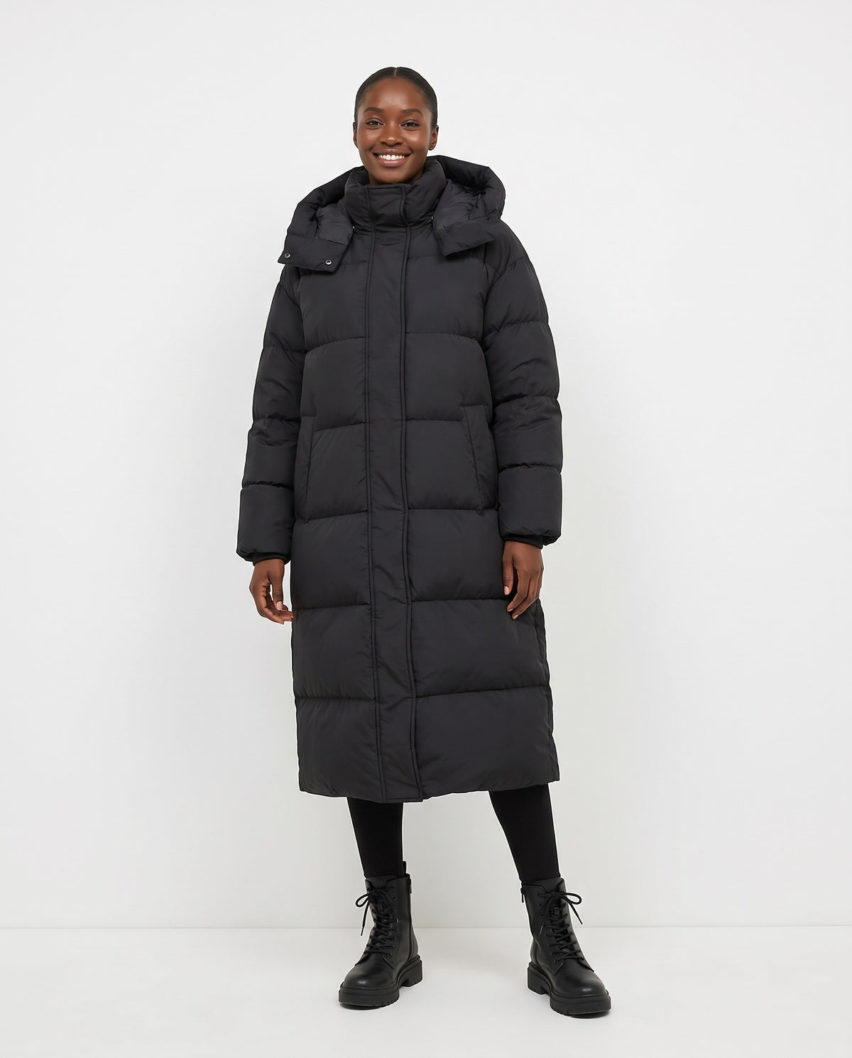 Bess | Women's Quilted Winter Puffer Coat with Hood and Longline Fit in Black