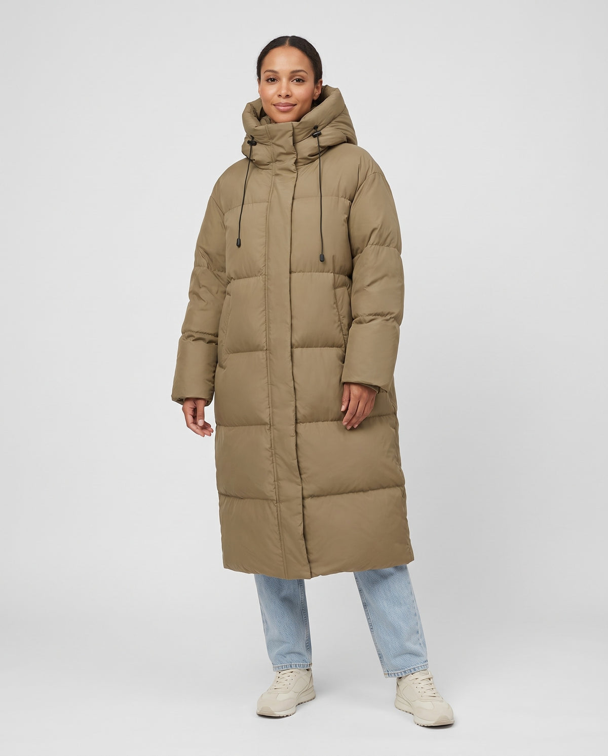 Bess | Women's Quilted Winter Puffer Coat with Hood and Longline Fit in Khaki