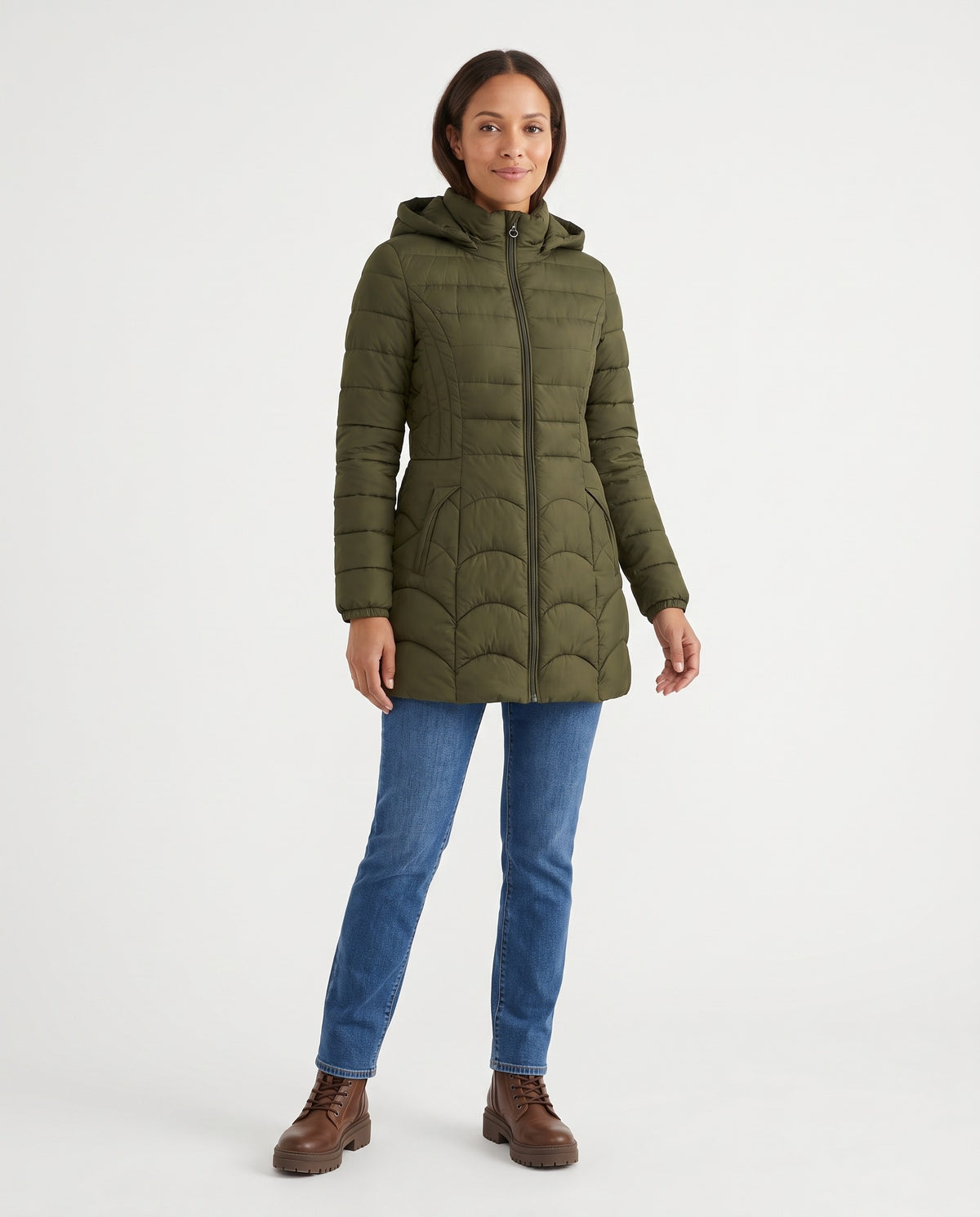 Sylvie | Women's Fitted Winter Puffer Coat with Hood and Scalloped Quilting in Army Green