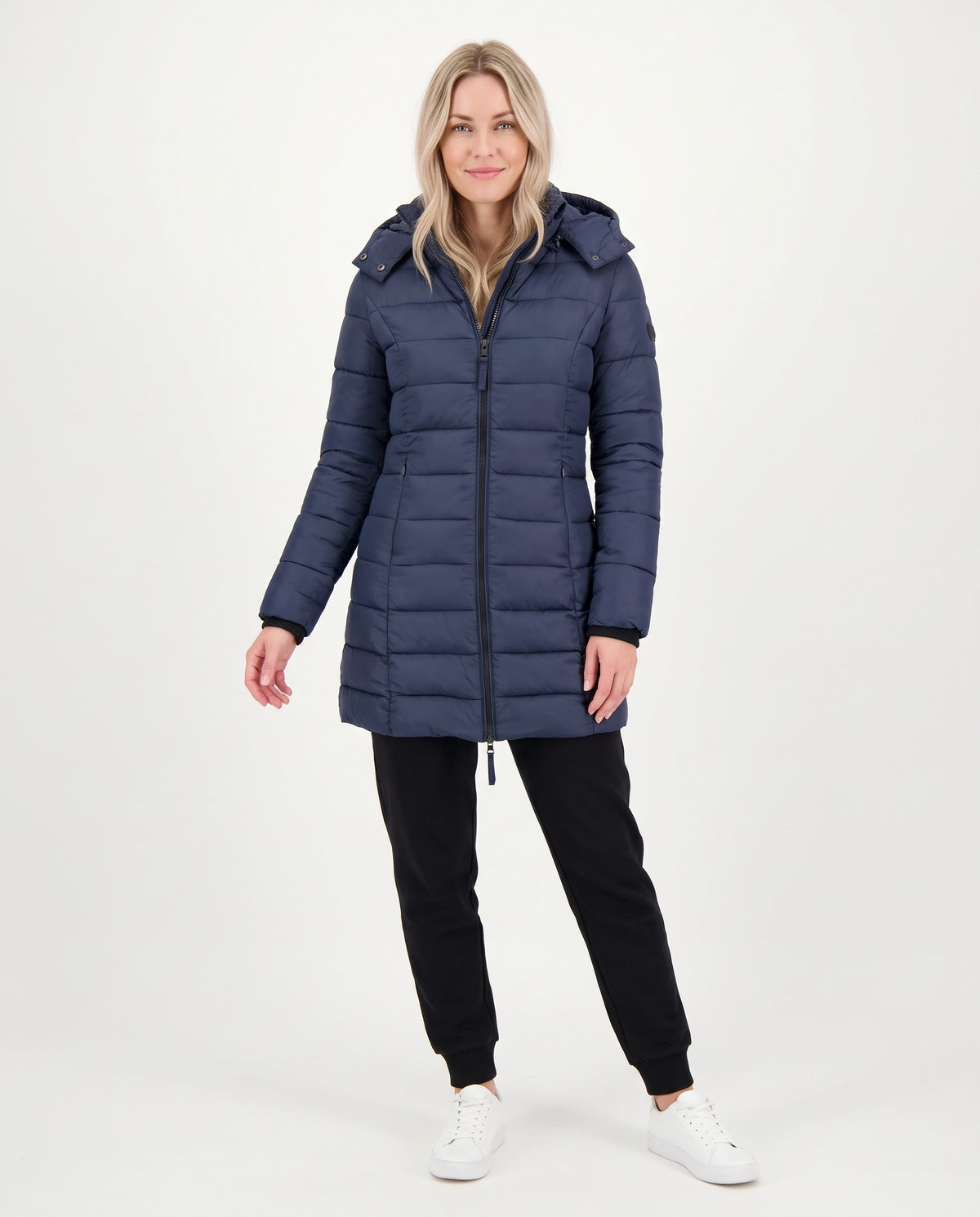 Fleur | Women's Slim Quilted Puffer Coat with Detachable Hood for Winter in Navy Blue