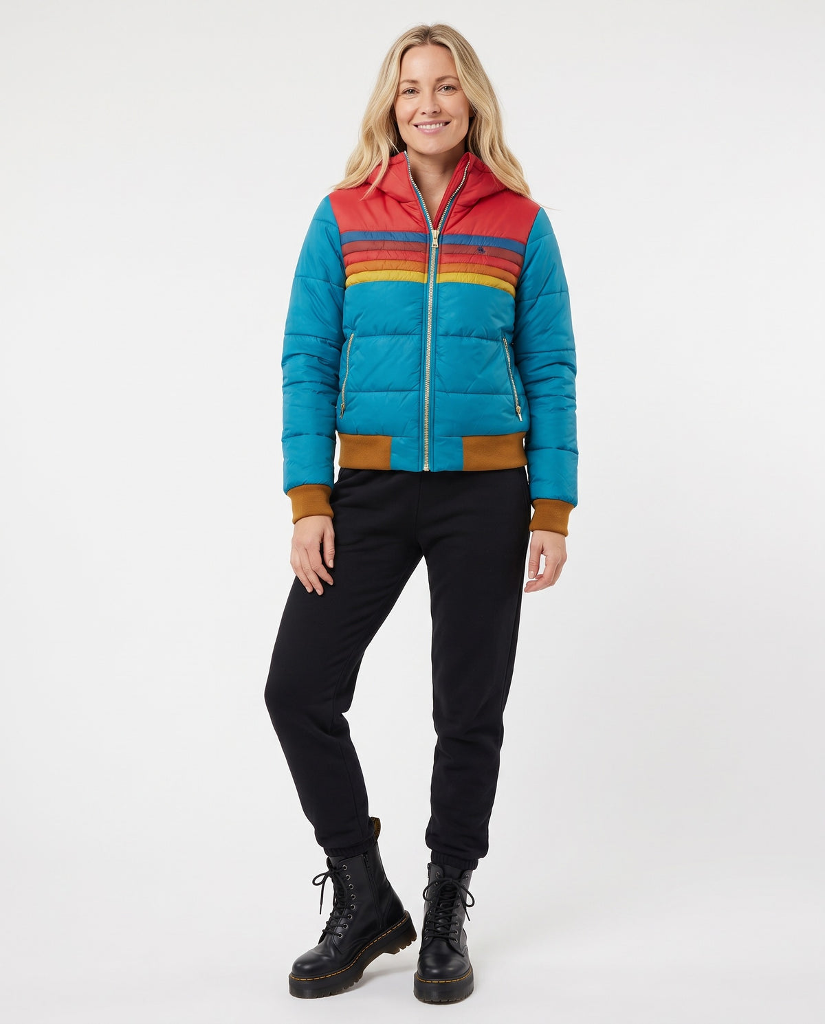 Romy | Women's Winter Puffer Jacket with Retro Chest Panel and Ribbed Hem in Blue