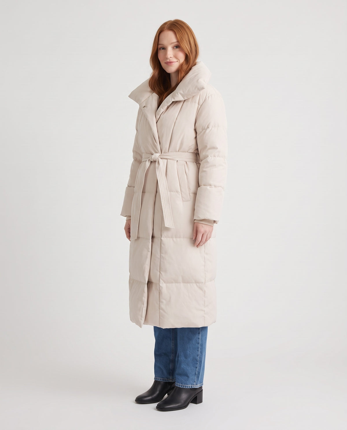 Blythe | Women's Long Puffer Coat with Shawl Collar and Belt for Winter in Cream side view