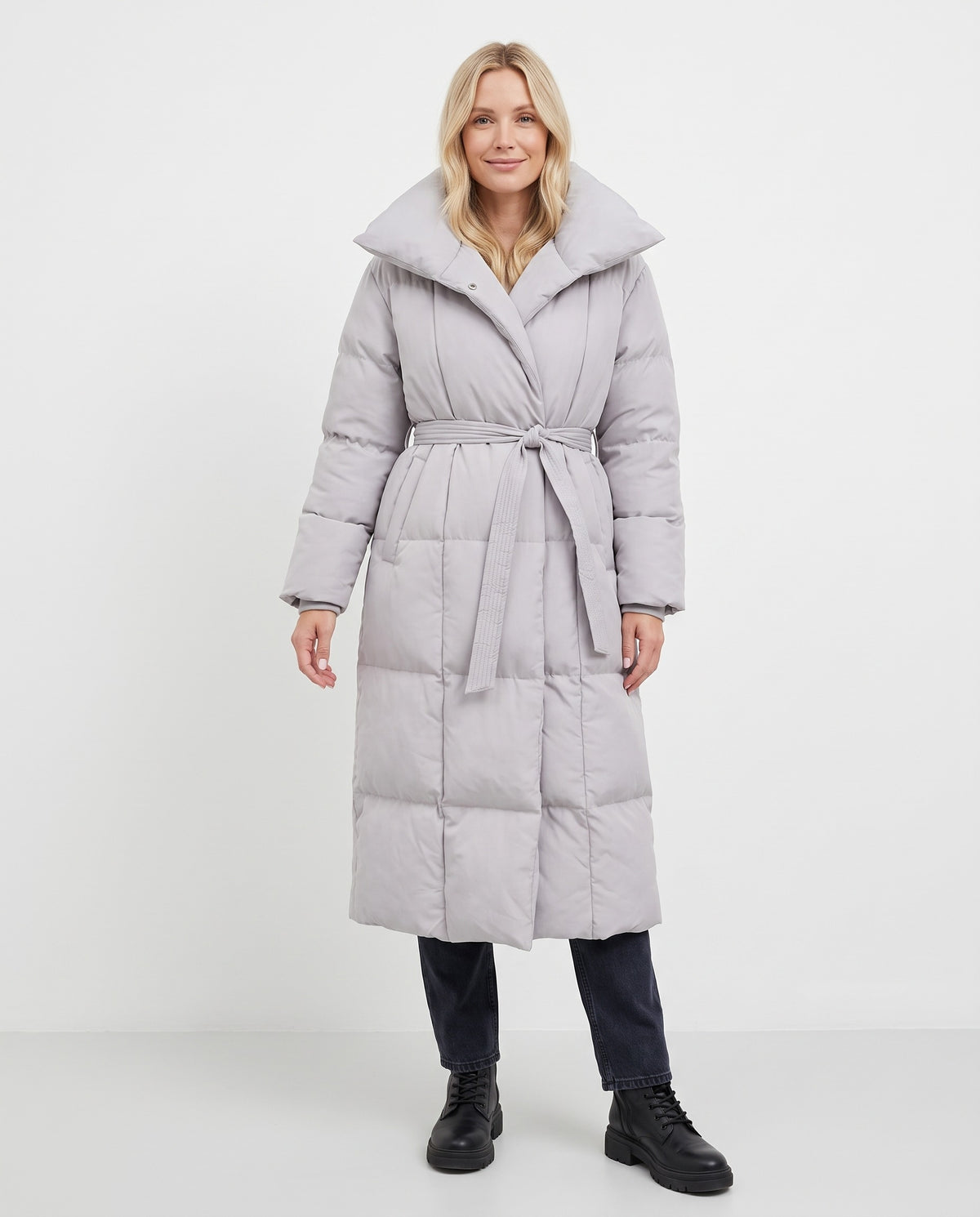 Blythe | Women's Long Puffer Coat with Shawl Collar and Belt for Winter in Grey