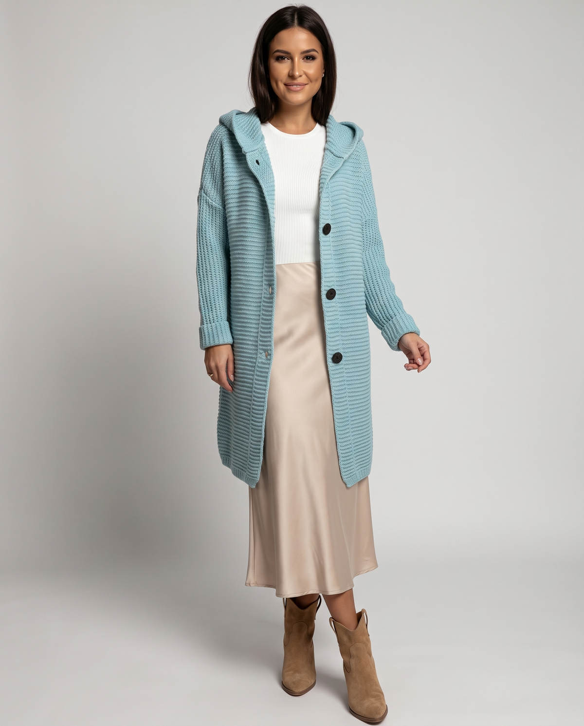 Ada Women's Long Chunky Knit Cardigan in Light Blue