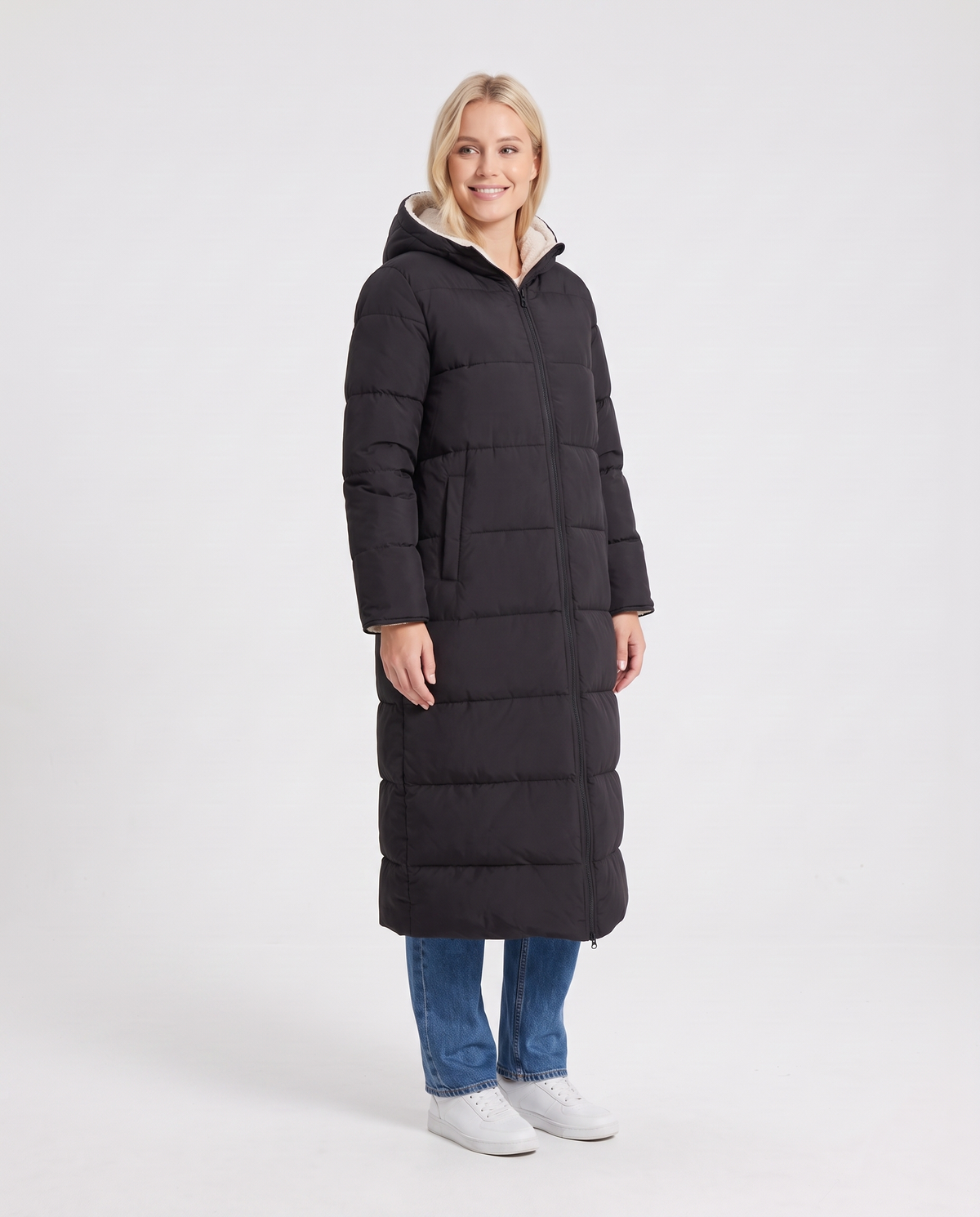Alys Women's Winter Padded Quilted Long Puffer Coat in Black, three quarter view