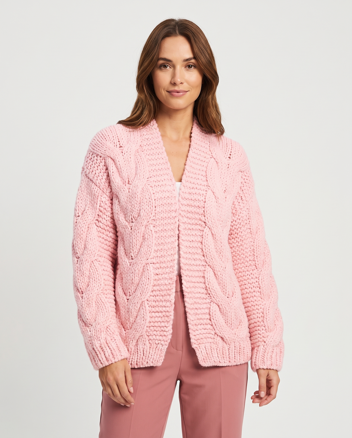 Amber Oversize Open Chunky Knit Cardigan for Women in Pink