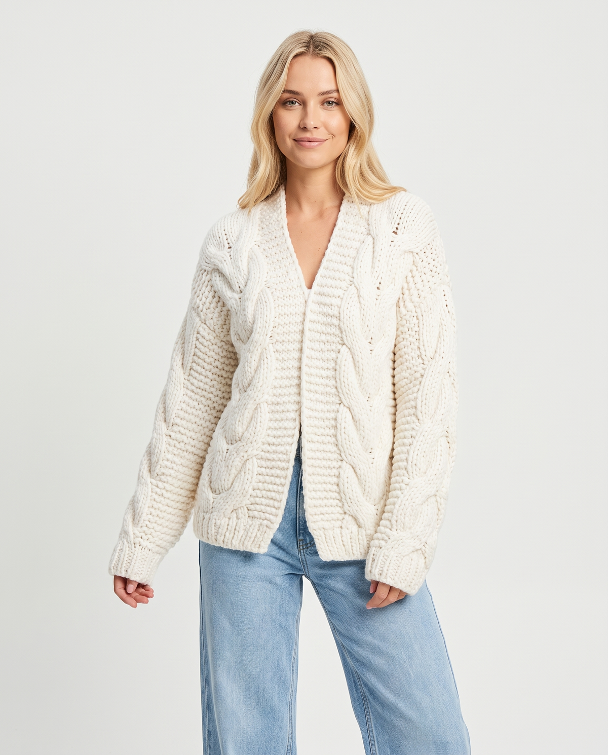Amber Oversize Open Chunky Knit Cardigan for Women in White