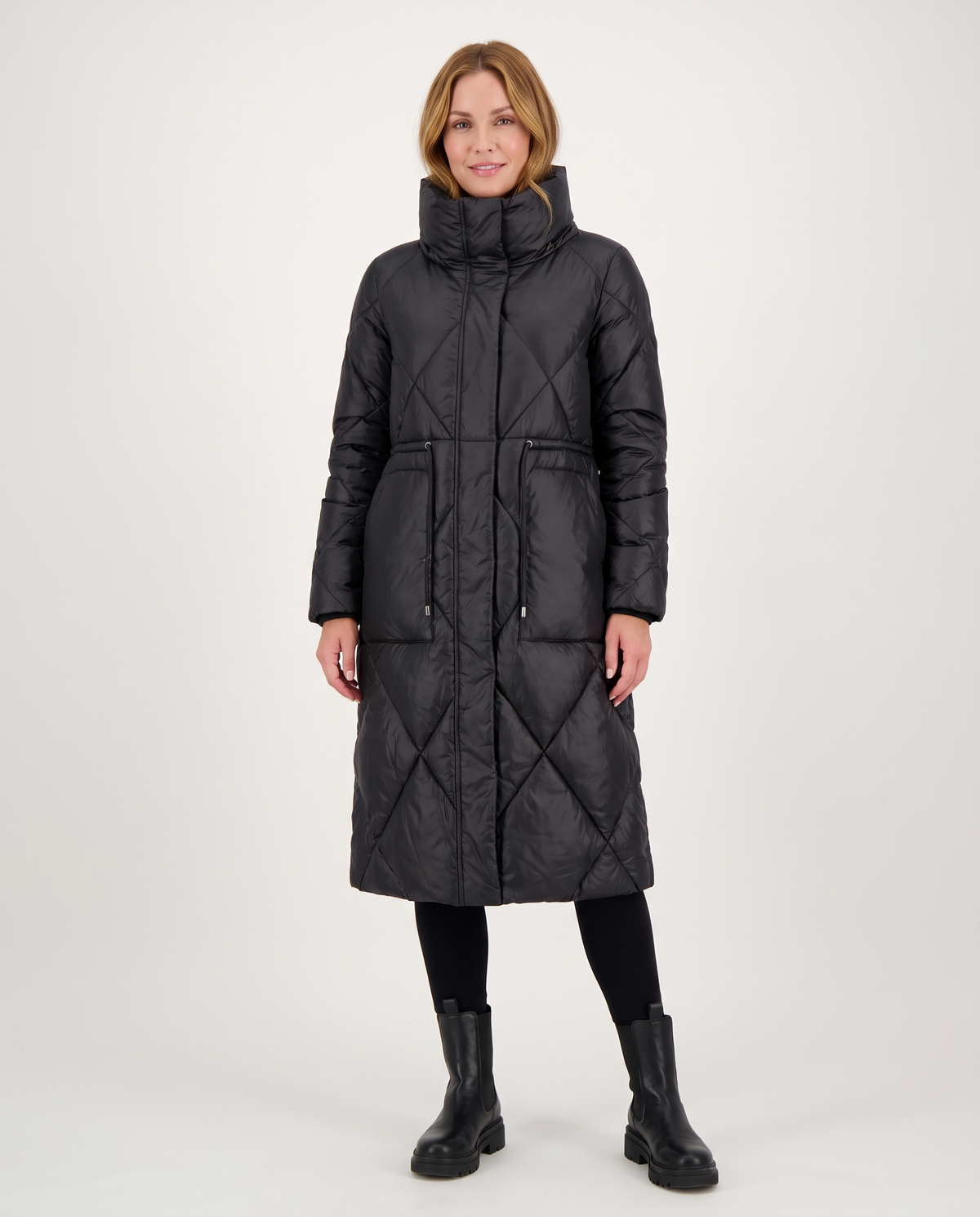 Amber Women's Winter Quilted Padded Long Puffer Coat in Black