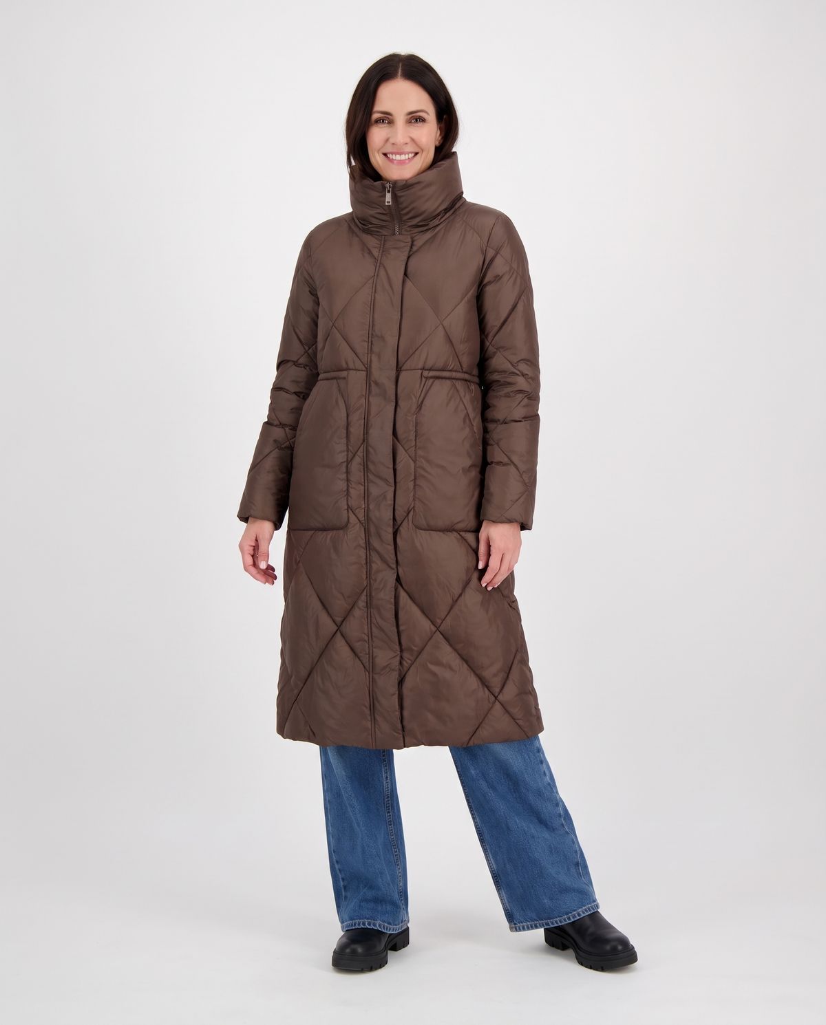 Amber Women's Winter Quilted Padded Long Puffer Coat in Brown