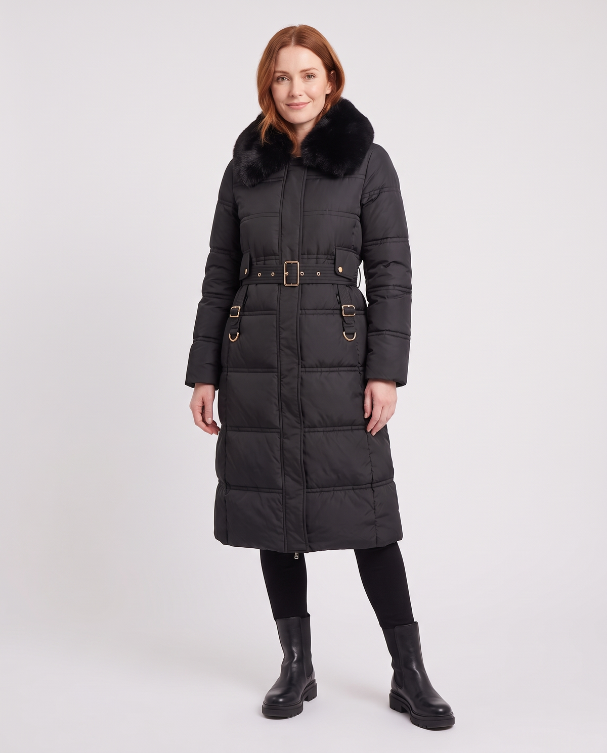 Anna Women's Winter Hooded Quilted Long Puffer Coat in Black