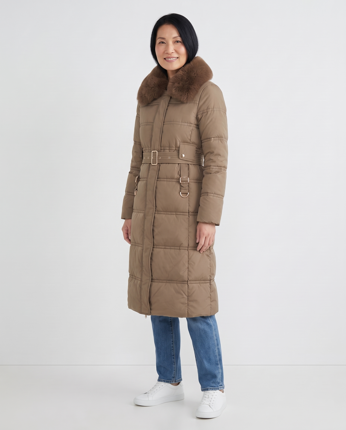 Anna Women's Winter Hooded Quilted Long Puffer Coat in Brown, three quarter view