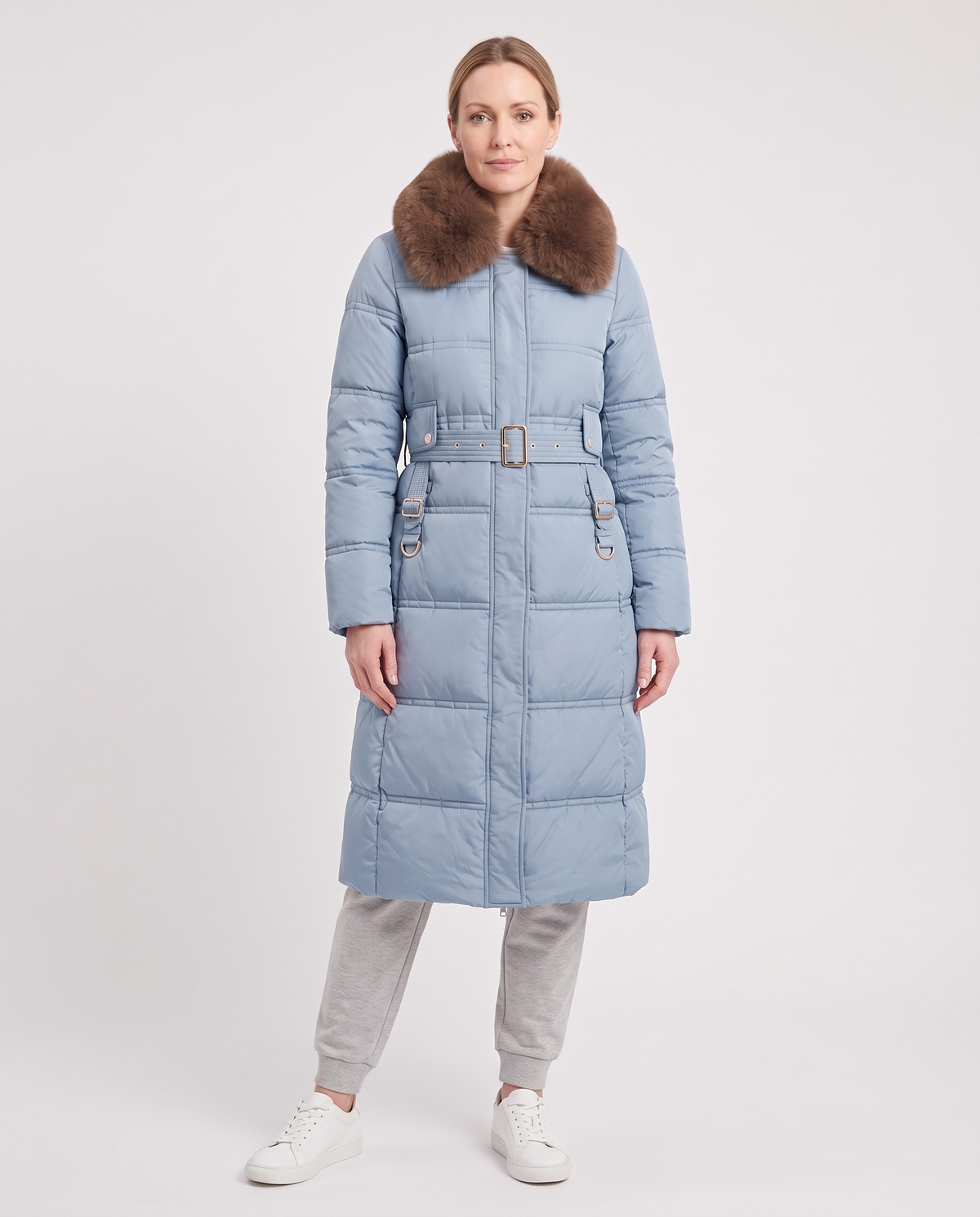 Anna Women's Winter Hooded Quilted Long Puffer Coat in Light Blue