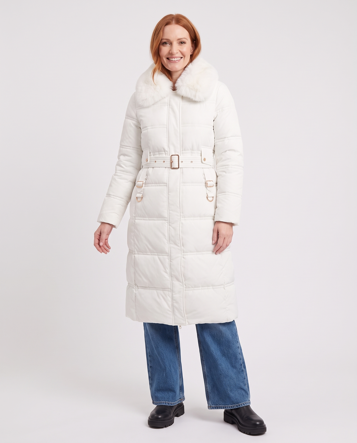 Anna Women's Winter Hooded Quilted Long Puffer Coat in White