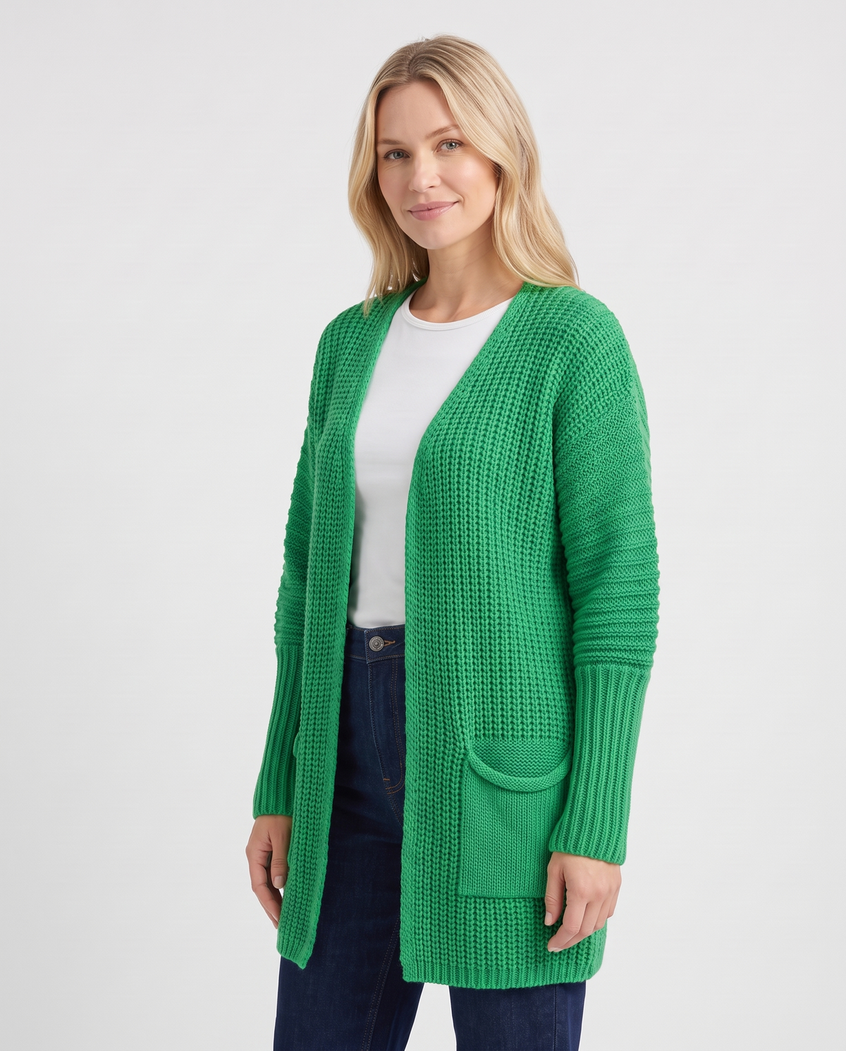 Bea Women's Long Knitted Cardigan - Green - three quarter view
