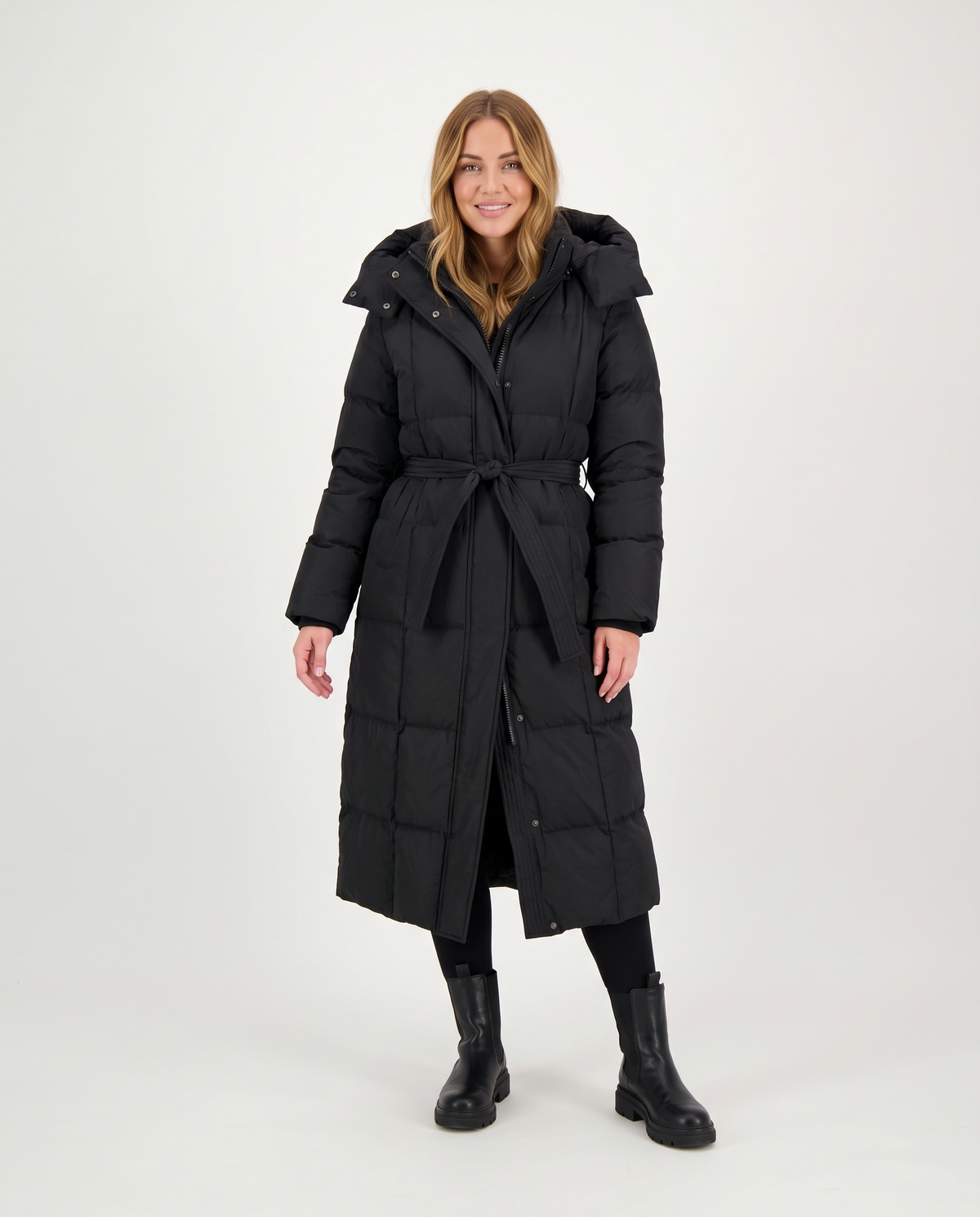 Beth Women's Winter Hooded Quilted Long Puffer Coat in Black