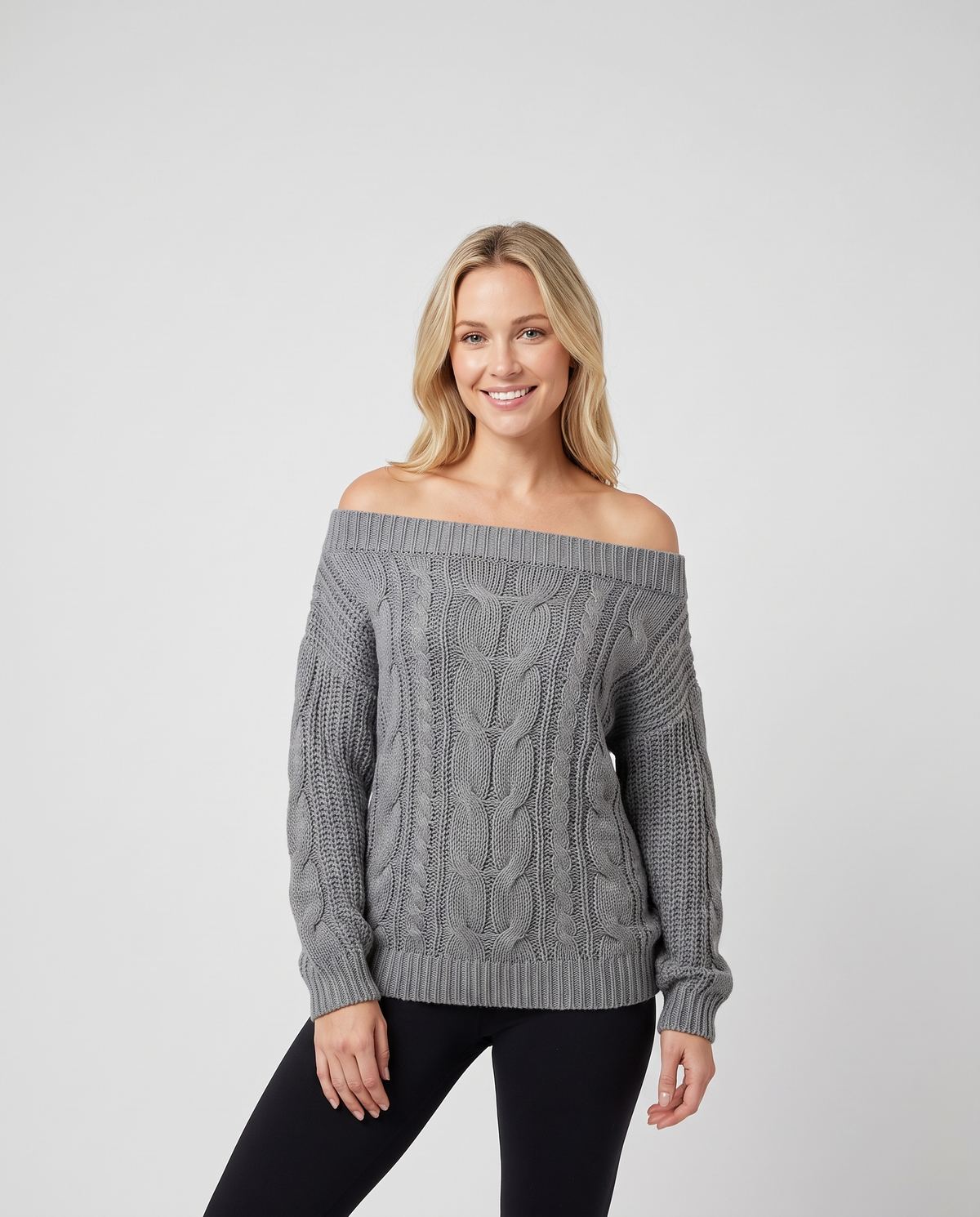 Camille Women's Off-the-Shoulder Cable Knit Sweater in Gray