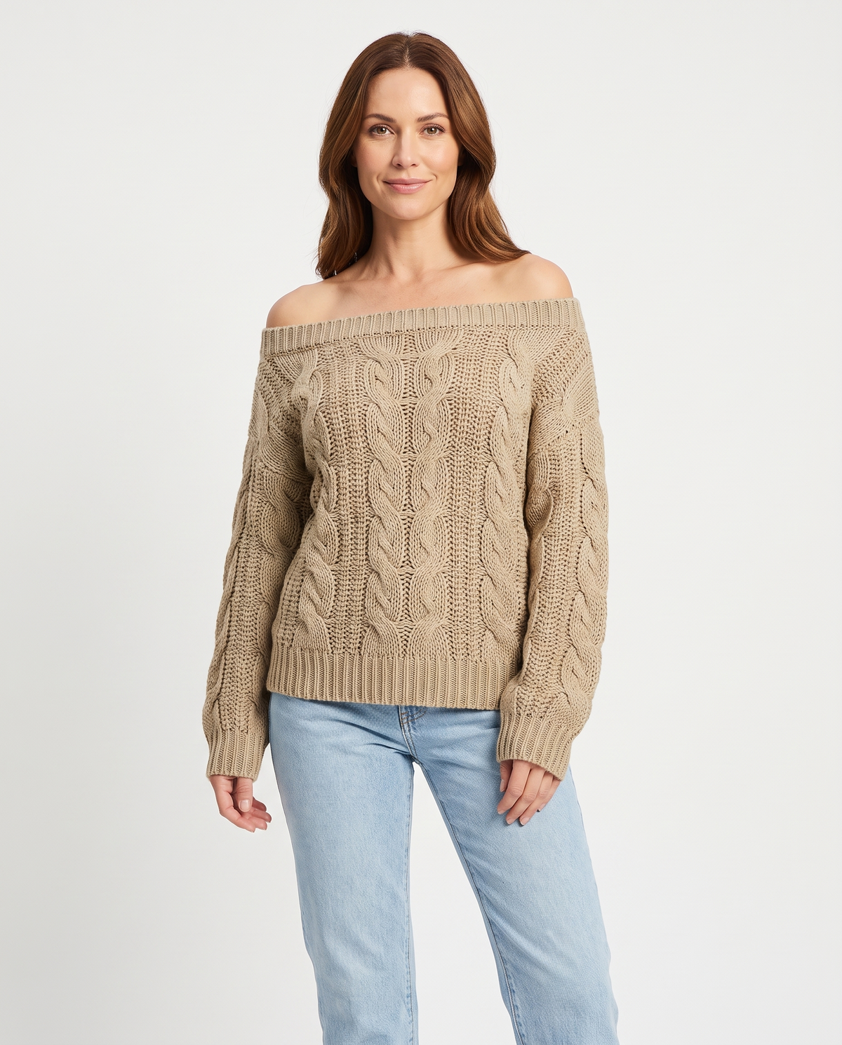 Camille Women's Off-the-Shoulder Cable Knit Sweater in Khaki