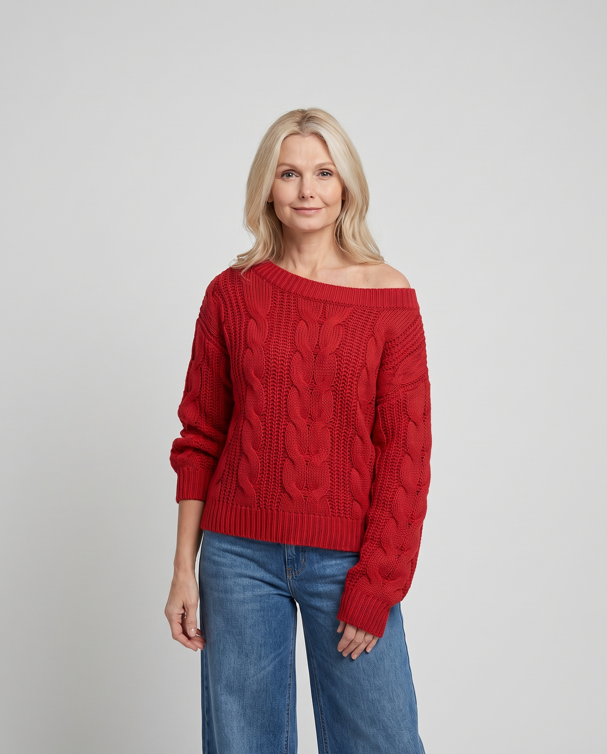 Camille Women's Off-the-Shoulder Cable Knit Sweater in Red