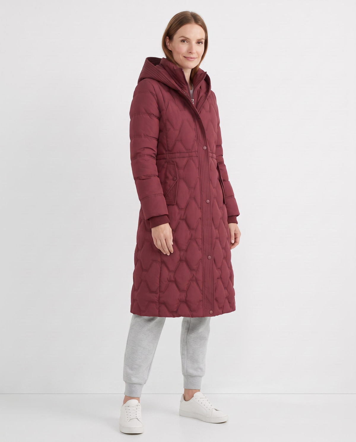 Cara Women's Winter Down Padded Long Puffer Coat in Red, three quarter view