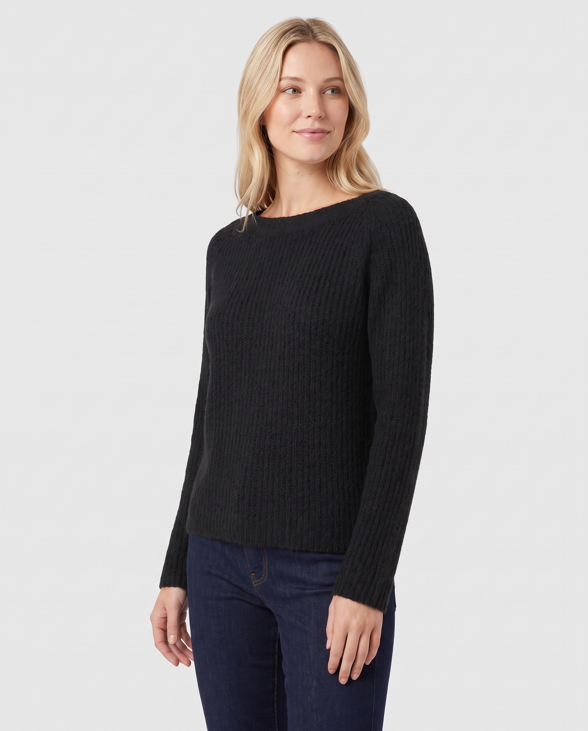 Cora Women's Knitted Wool Jumper - Black - three quarter view