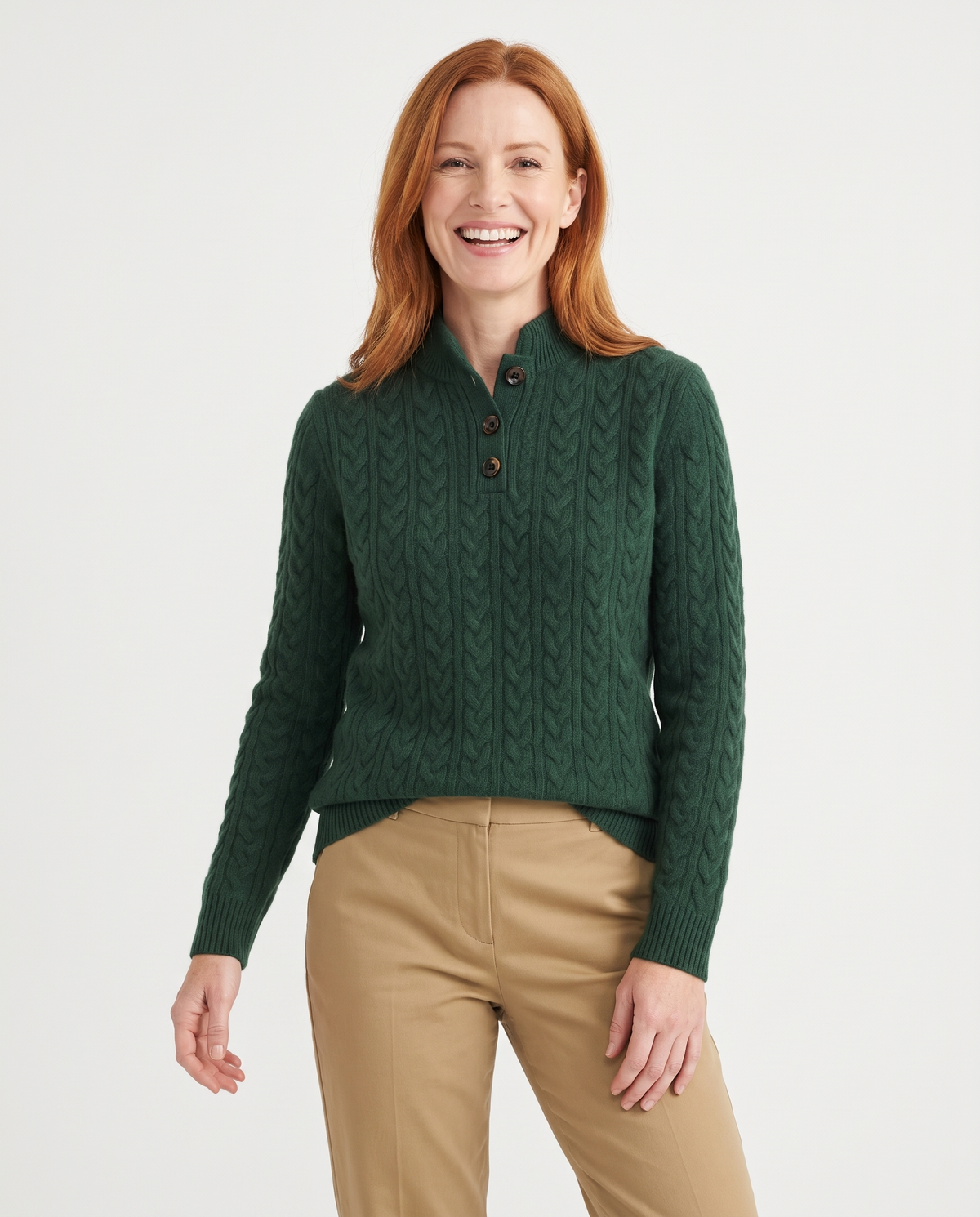 Cosy Cable Knit Cashmere Sweater with Button Neck in Dark green