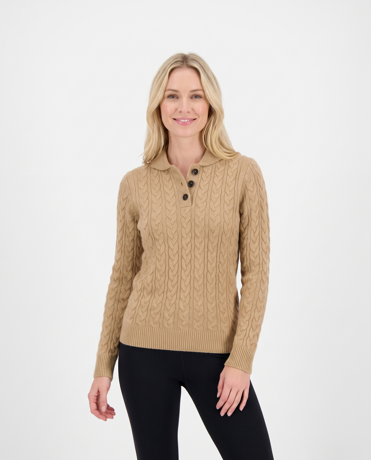 Cosy Cable Knit Cashmere Sweater with Button Neck in Khaki