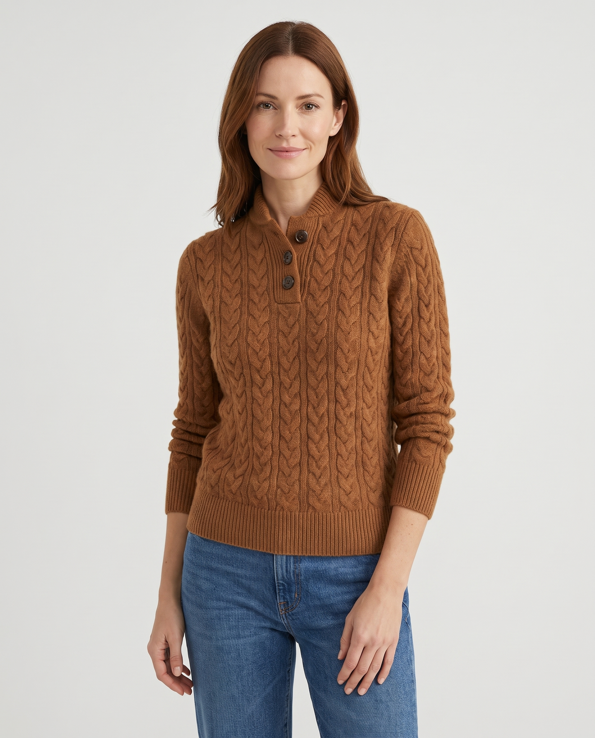 Cosy Cable Knit Cashmere Sweater with Button Neck in Rust brown