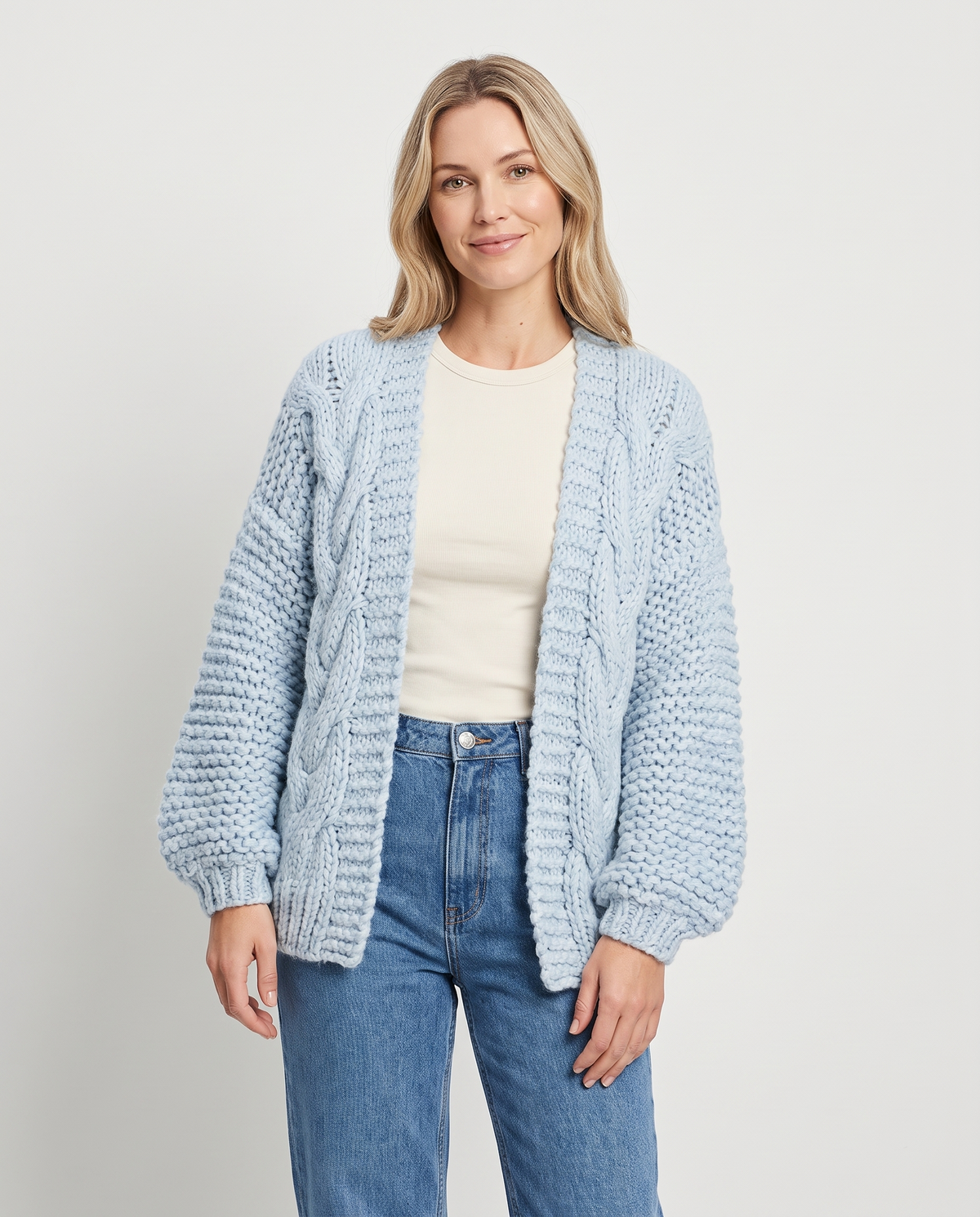 Dora Women's Long Chunky Knit Cardigan in Sky Blue