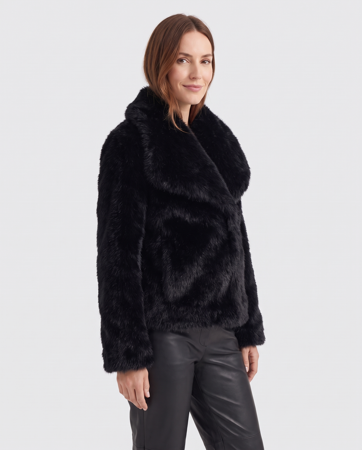 Ella Women's Winter Plush Faux Fur Jacket in Black, three quarter view