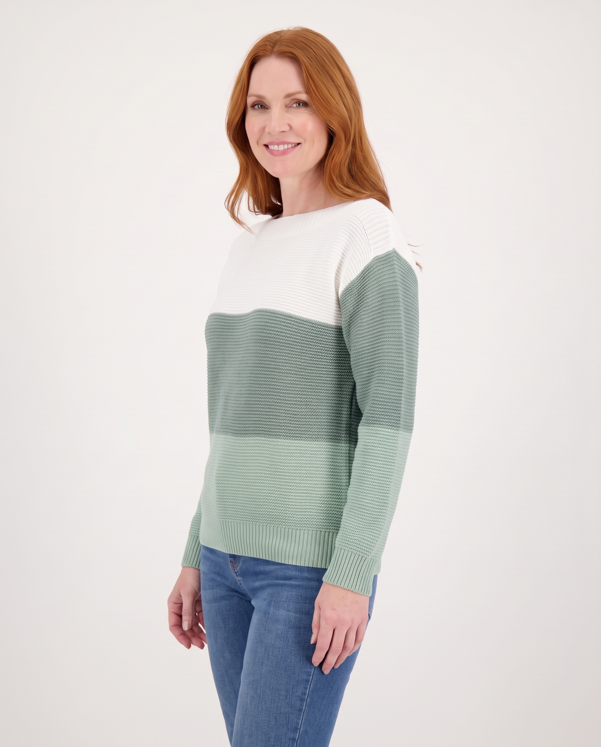 Evie Women's Knitted Jumper in Green, three quarter view