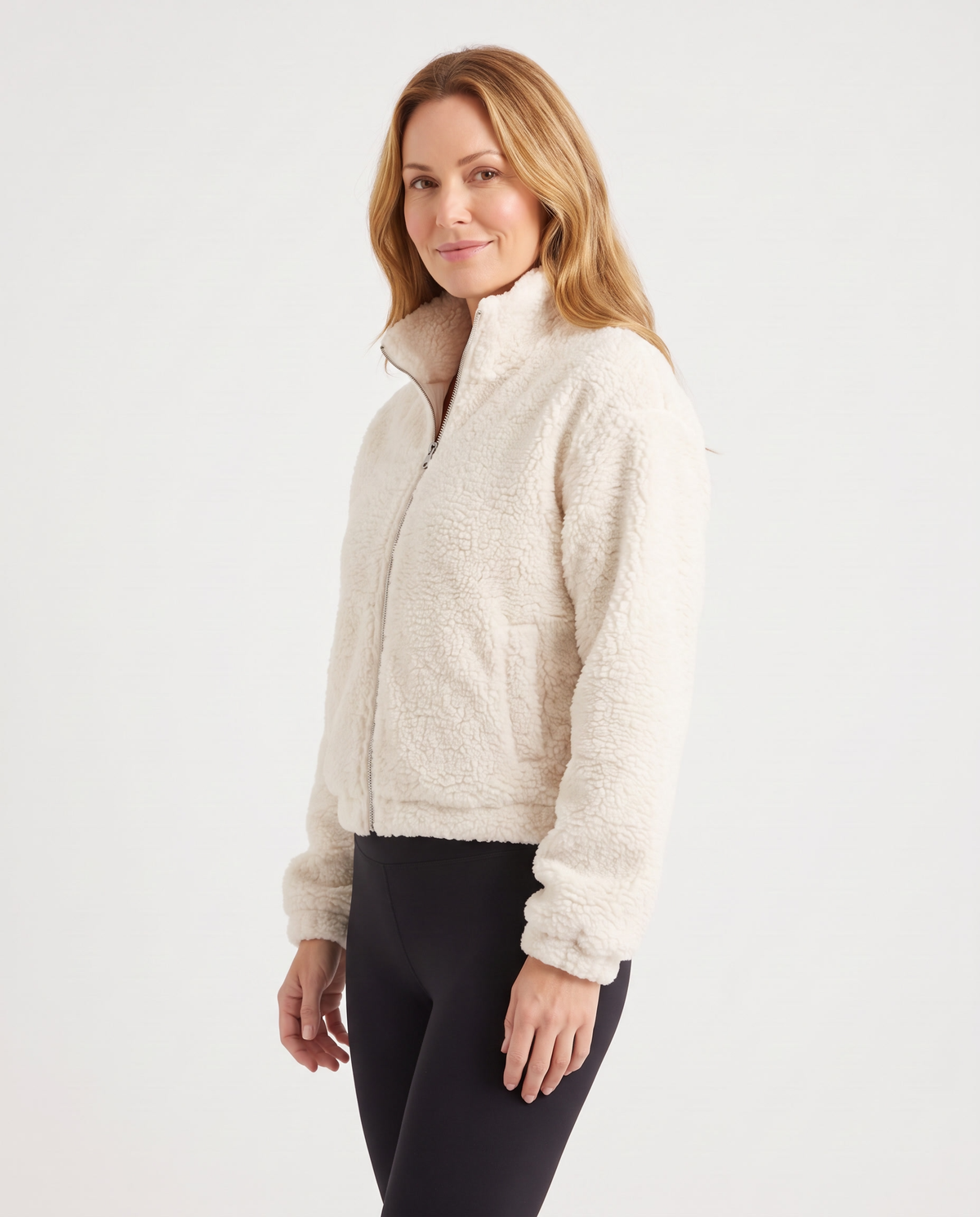 Faye Women's Winter Cropped Faux Fur Jacket in Cream, three quarter view