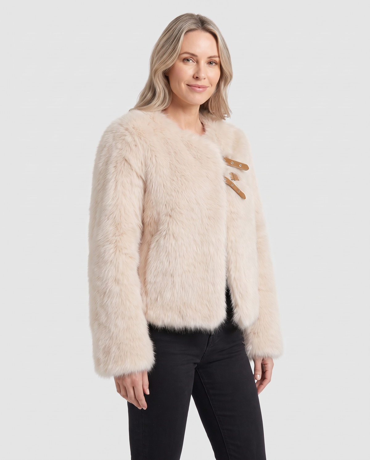 Fern Women's Faux Fur Jacket - Beige - three quarter view
