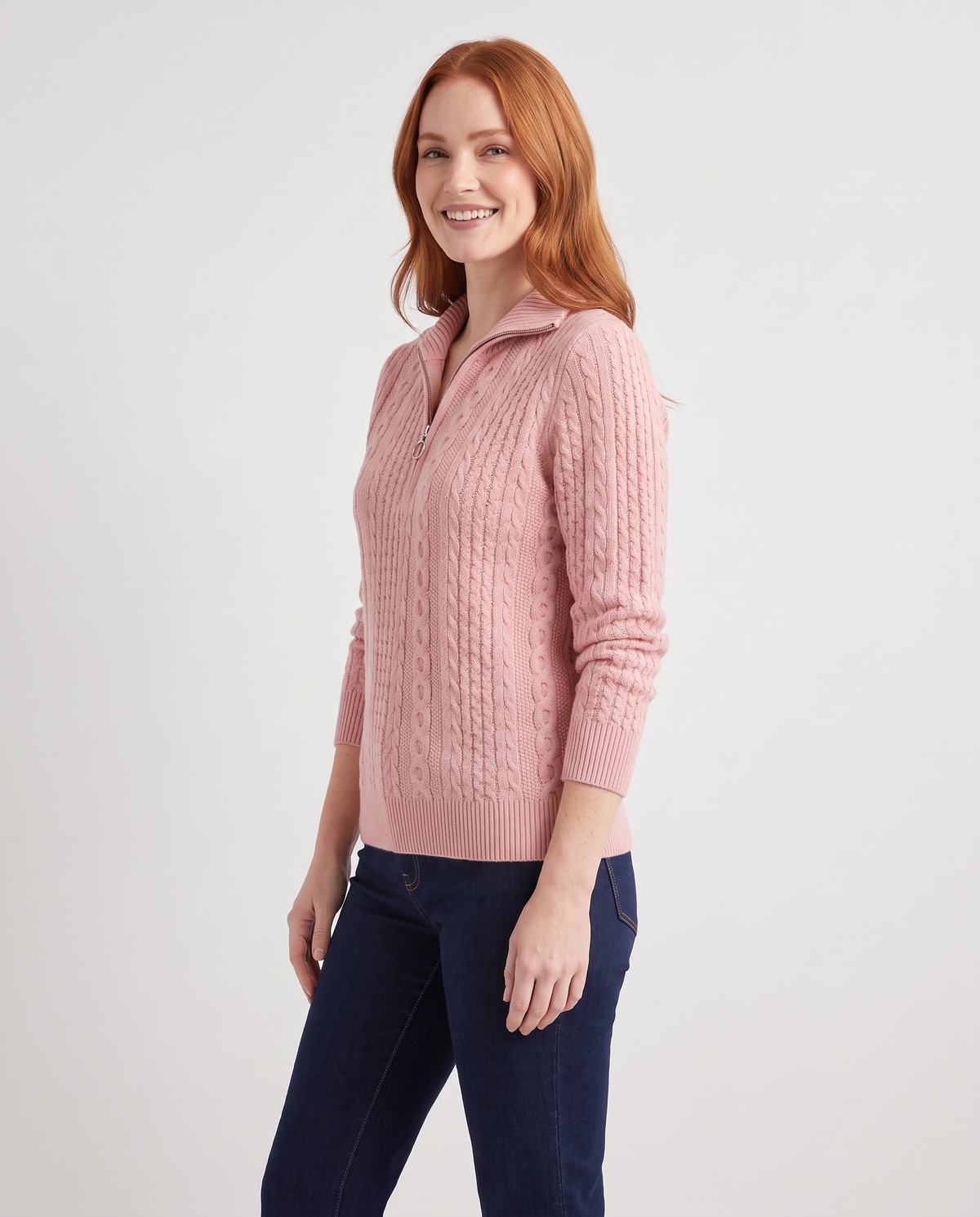 Georgia Women's Cable Knit Jumper in Pink, three quarter view