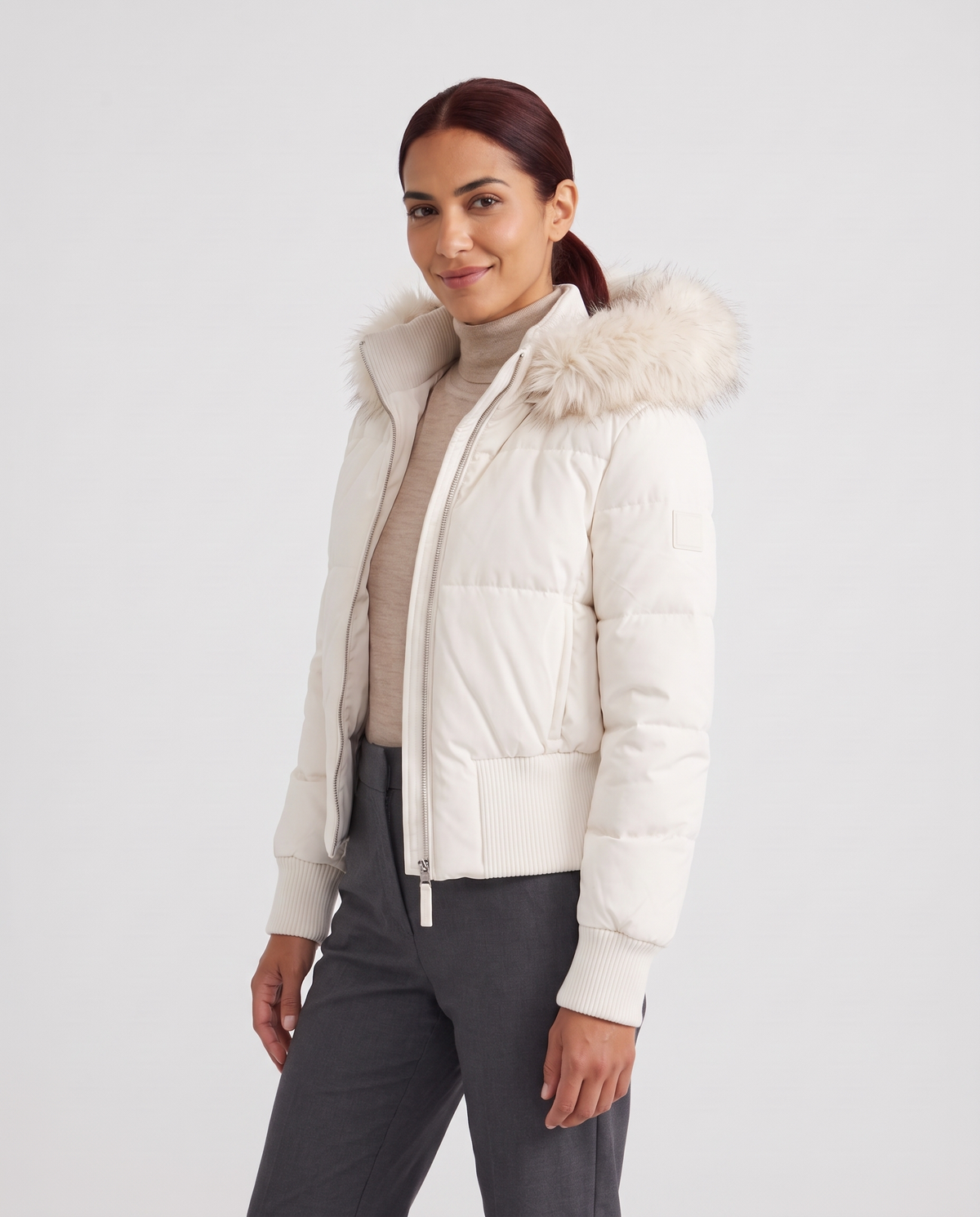 Grace Women's Quilted Cropped Puffer Jacket - White - three quarter view