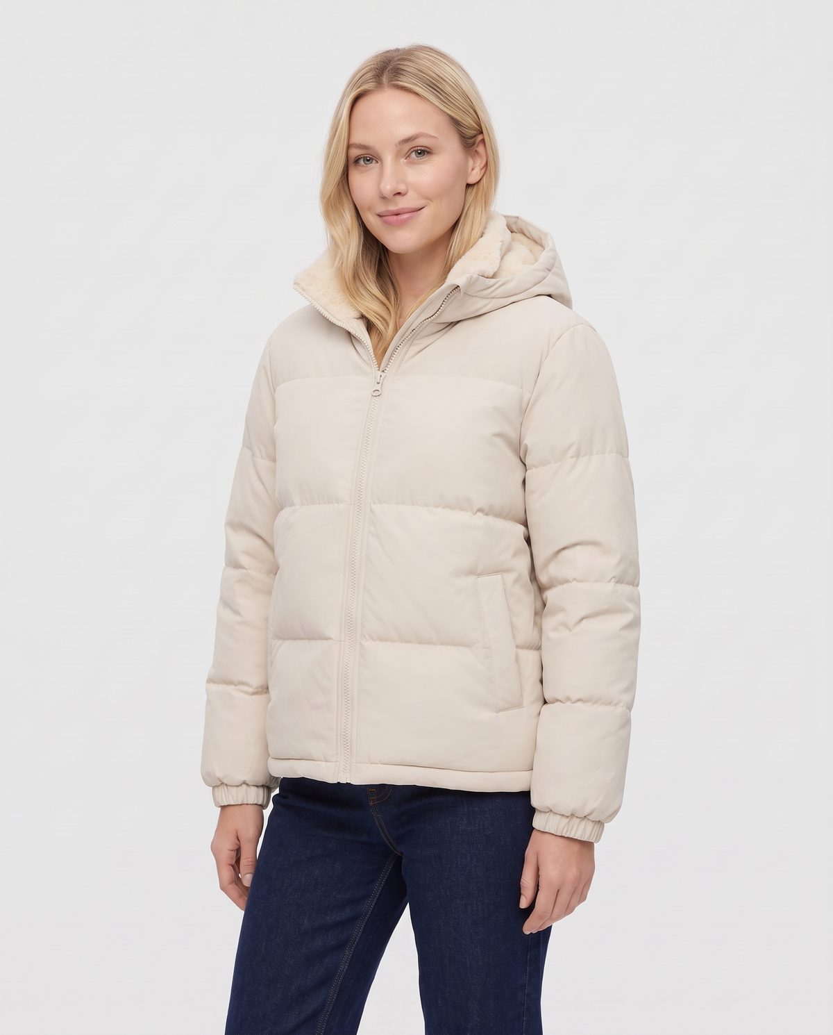 Greta Women's Winter Puffer Jacket - Beige - three quarter view