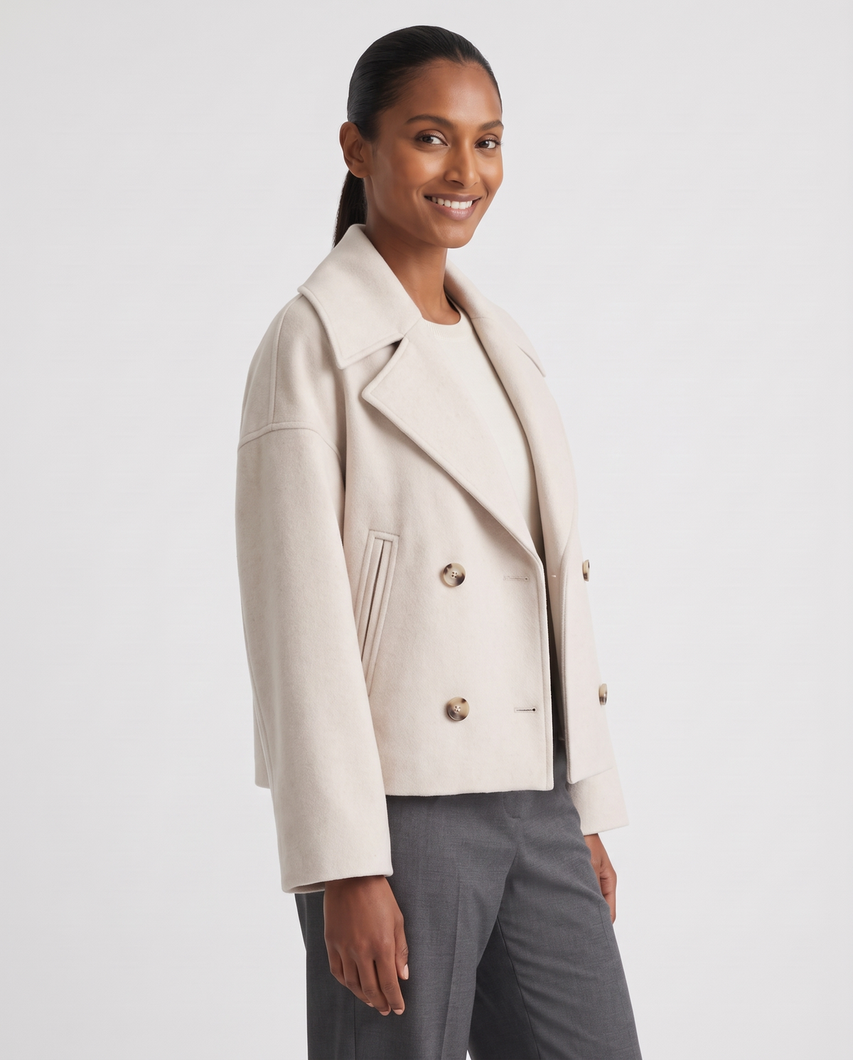 Hannah Women's Wool Cropped Peacoat - Beige - three quarter view