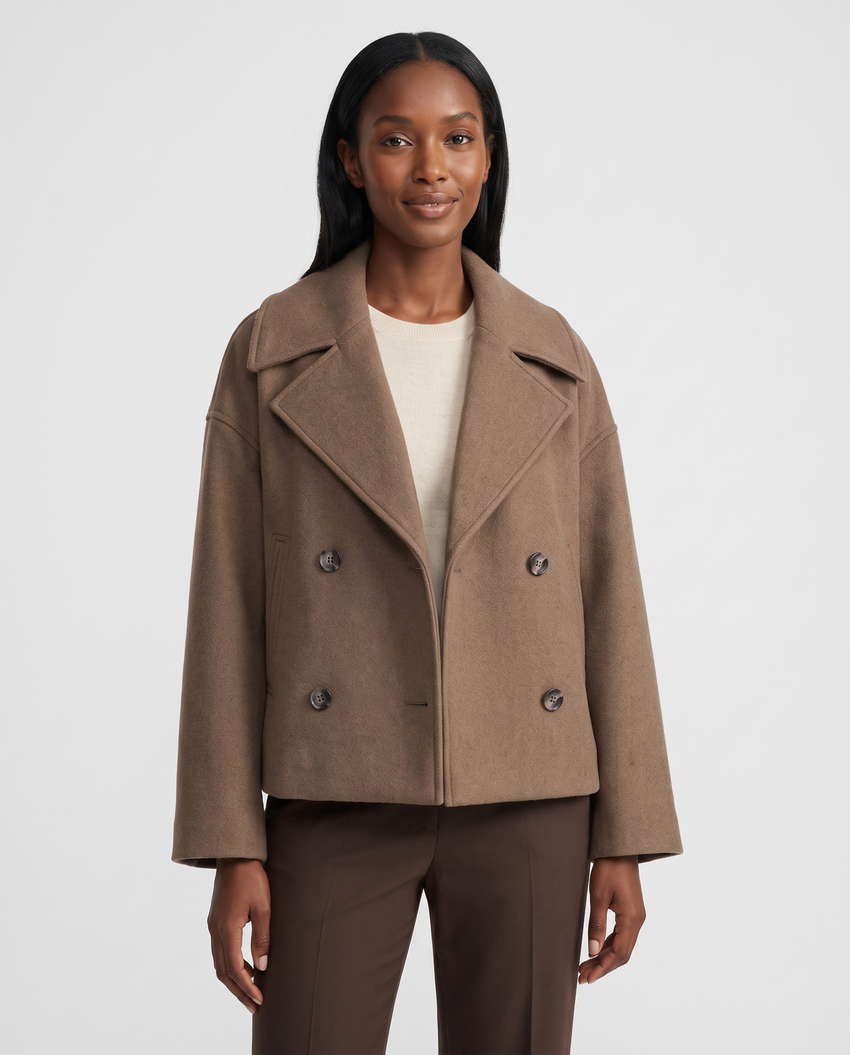 Hannah Women's Wool Cropped Peacoat - Brown
