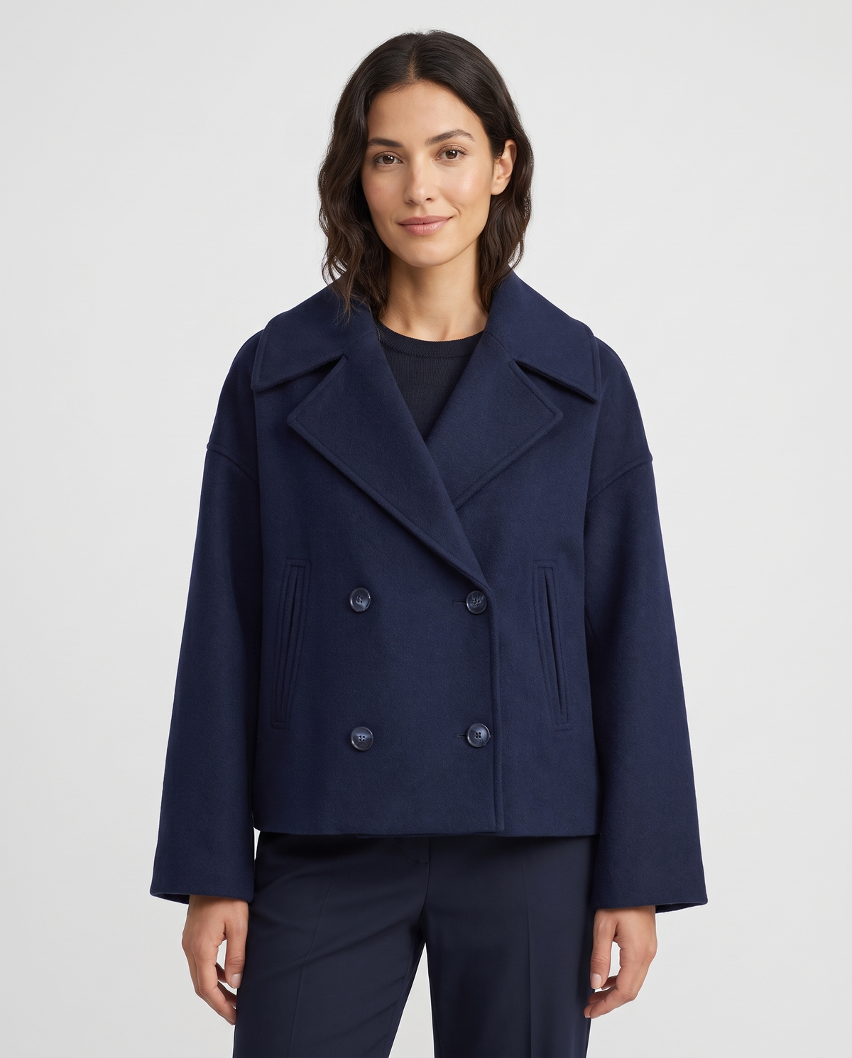 Hannah Women's Wool Cropped Peacoat - Navy Blue